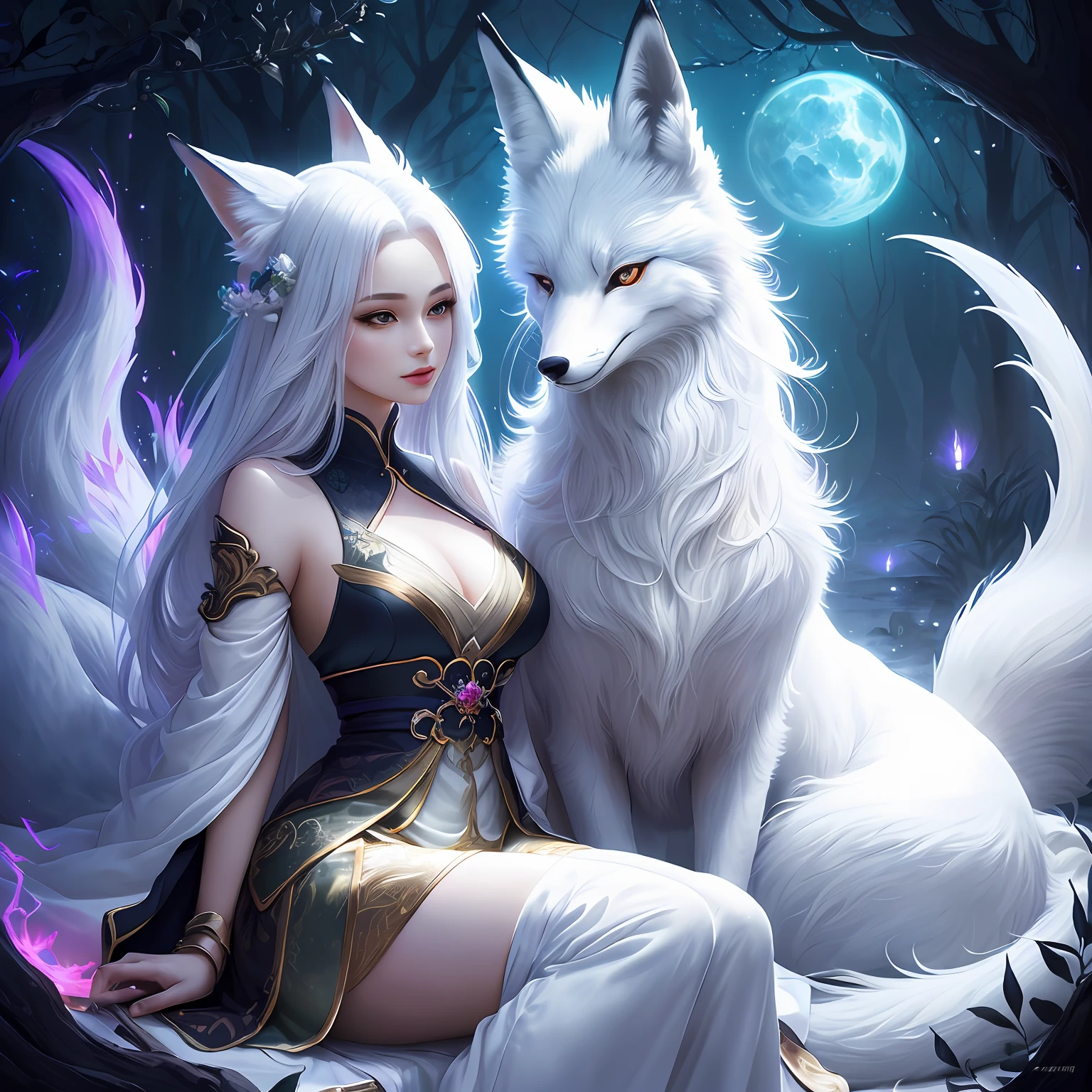 To, masterpiece, beautiful details, colorful, delicate details, delicate lips, complex details, real, ultra-realistic, a girl with white hair fox sitting on a branch: 1.1, big tits, sexy, seductive, ethereal fox, nine-tailed fox, fox three-tailed fox, Onmyoji detailed art, nine tails, beautiful artwork illustration, mythical creatures, foxes, beautiful digital artwork, exquisite digital illustration, mizutsune, inspired by mythical creatures wildnet, pixiv On digital art, bright light, high contrast, horror movie theme, dark atmosphere