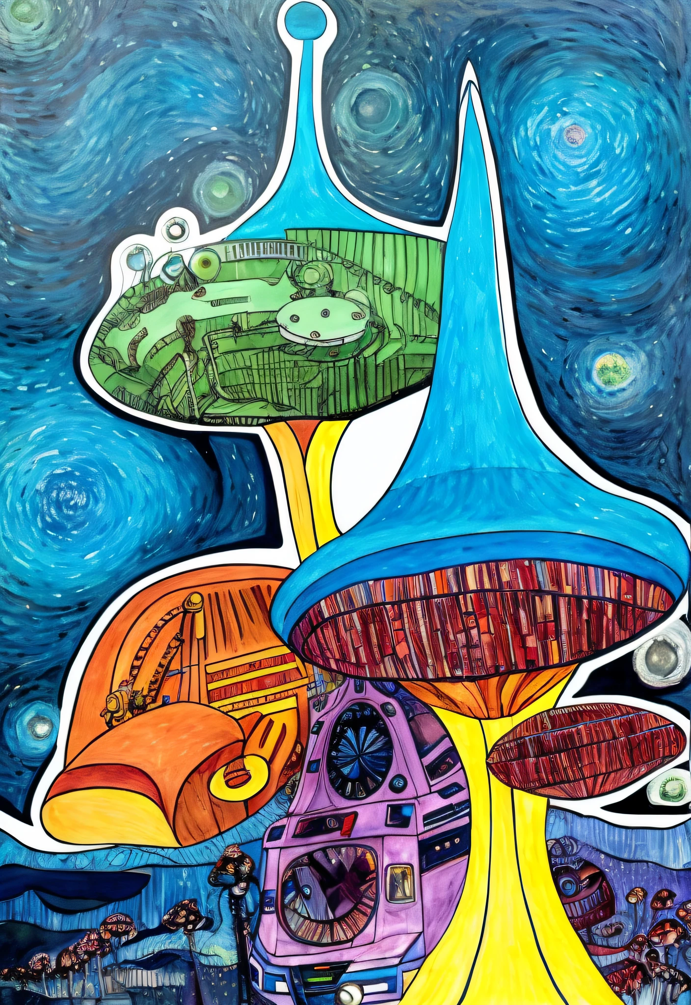 A train passes a painting of a mushroom-like structure with a sky background, mushroom city, cyber mushroom city, Utopian galaxies, Inspired by Friedensreich Hunderwater, Science fiction painting, Alien buildings, an alien cityscape, Alien cityscape, painting of ornate space ship, utopian space ship, intricate futurism, Inspired by Hundred Waters