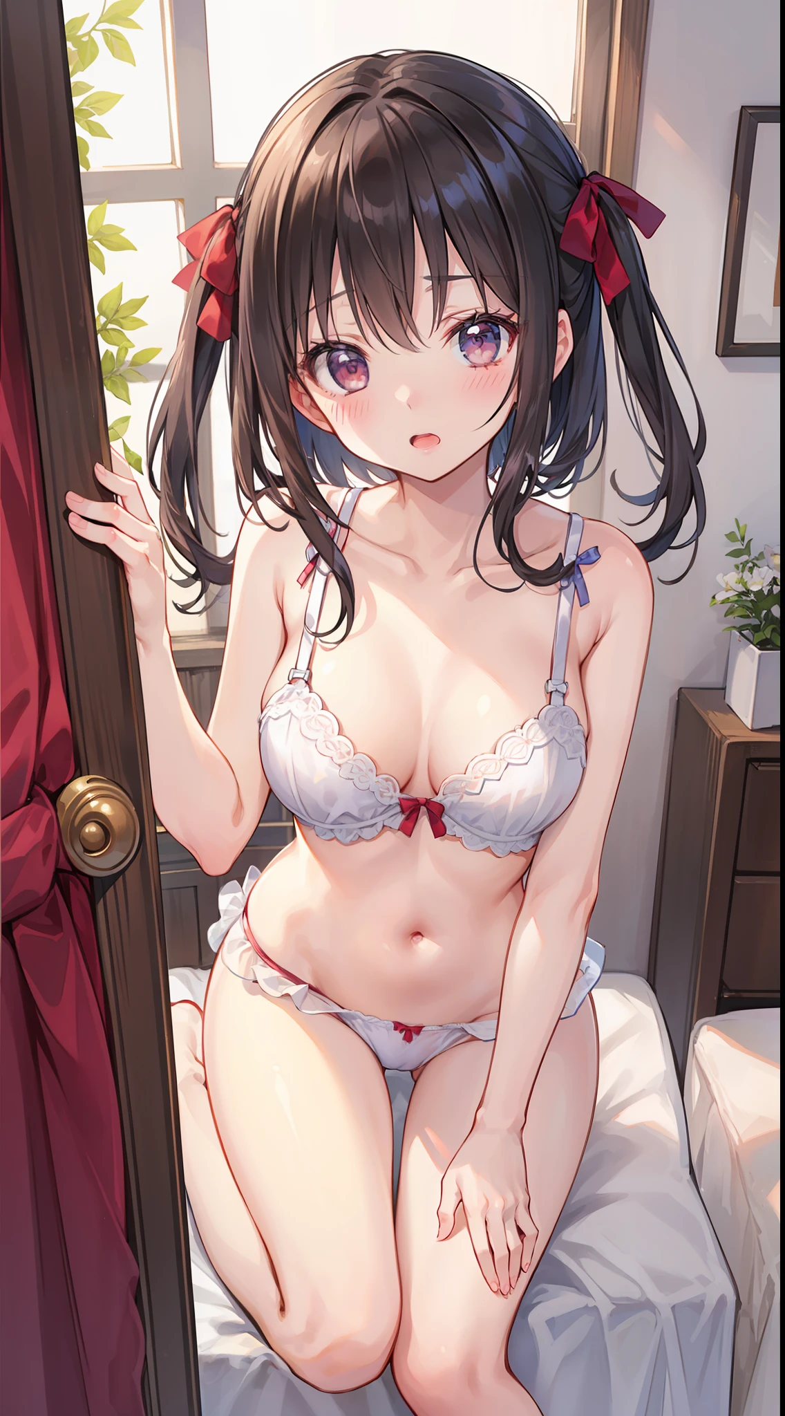 top-quality、​masterpiece、in one's underwear only、Cute lingerie、all-fours、to close range、proximity、red blush、Staring at this、Thinly open mouth、