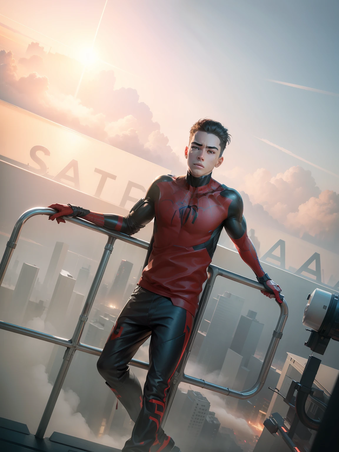 (1boy:1.3), Solo, (((Very detailed face)))), ((Very detailed eyes and face)))), Beautiful detail eyes, Body parts__, Official art, Unified 8k wallpaper, Super detailed, beautiful and beautiful, beautiful, masterpiece, best quality, original, masterpiece, super fine photo, best quality, super high resolution, realistic realism, sunlight, full body portrait, amazing beauty, dynamic pose, delicate face, vibrant eyes, (from the front), She wears Spider-Man suit, red and black color scheme, spider, very detailed city roof background, rooftop, overlooking the city, detailed face, detailed complex busy background, messy, gorgeous, milky white, highly detailed skin, realistic skin details, visible pores, clear focus, volumetric fog, 8k uhd, DSLR, high quality, film grain, fair skin, photo realism, lomography, futuristic dystopian megalopolis, translucent