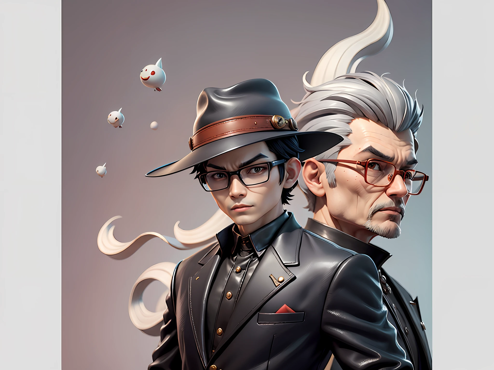 Young man with oriental face in leather hat, dragon, formal suit, short black hair, silver glasses, digital painting, 3D character design by Mark Clairedon and Pixar and Hayao Miyazaki and Akira Toriyama, the illustration is a high-definition illustration in 4K resolution with very detailed facial features and cartoon-style visuals.