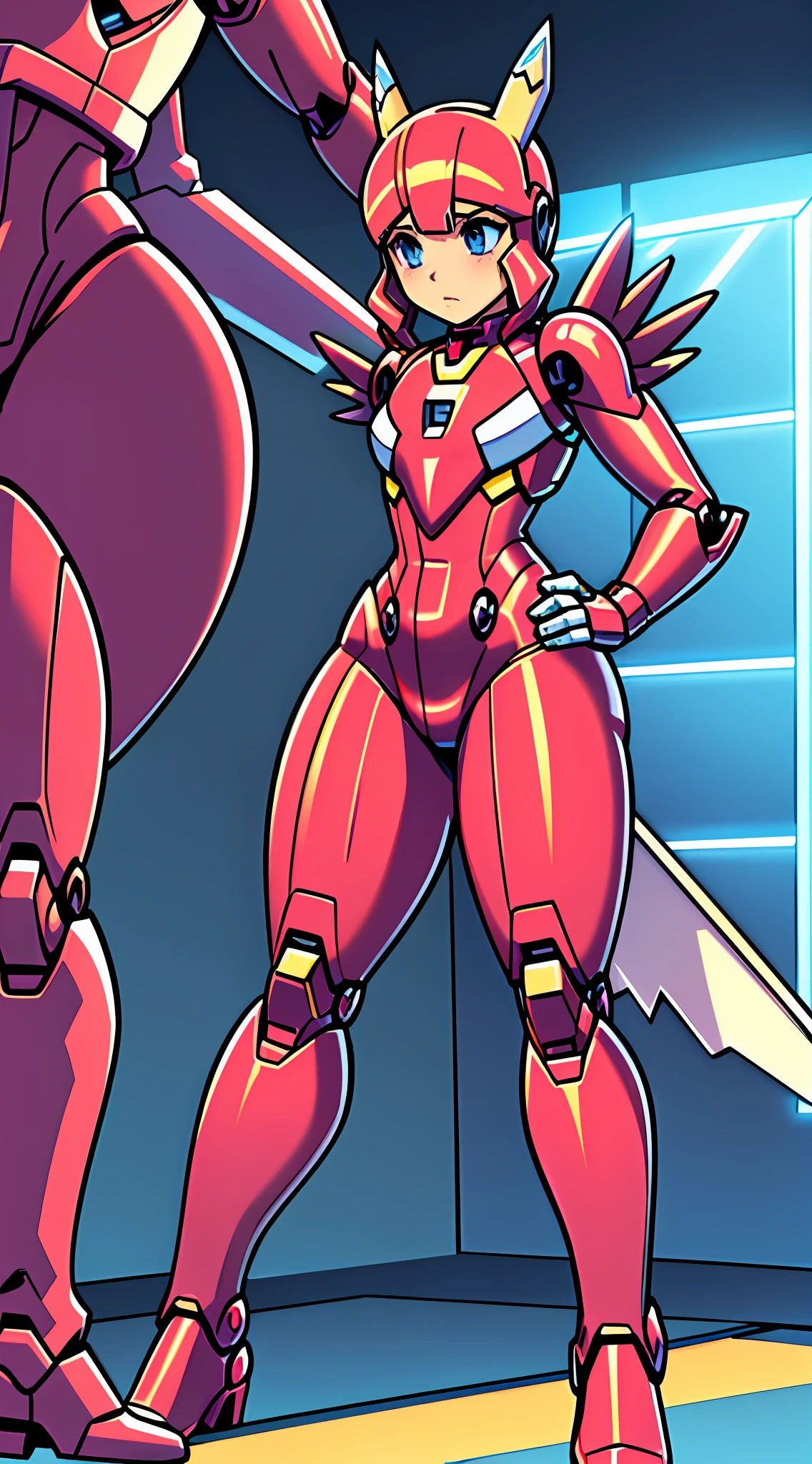 Human 1Girl, small chest, looking at own hands while wearing heavy iron-man suit, looking at herself, (nervous+confused) large mechsuit, renamon themed mechsuit, white gold heavy armor with purple arms and thighs, thick iron-man suit, Yellow and white body, purple arms and legs, helmetless