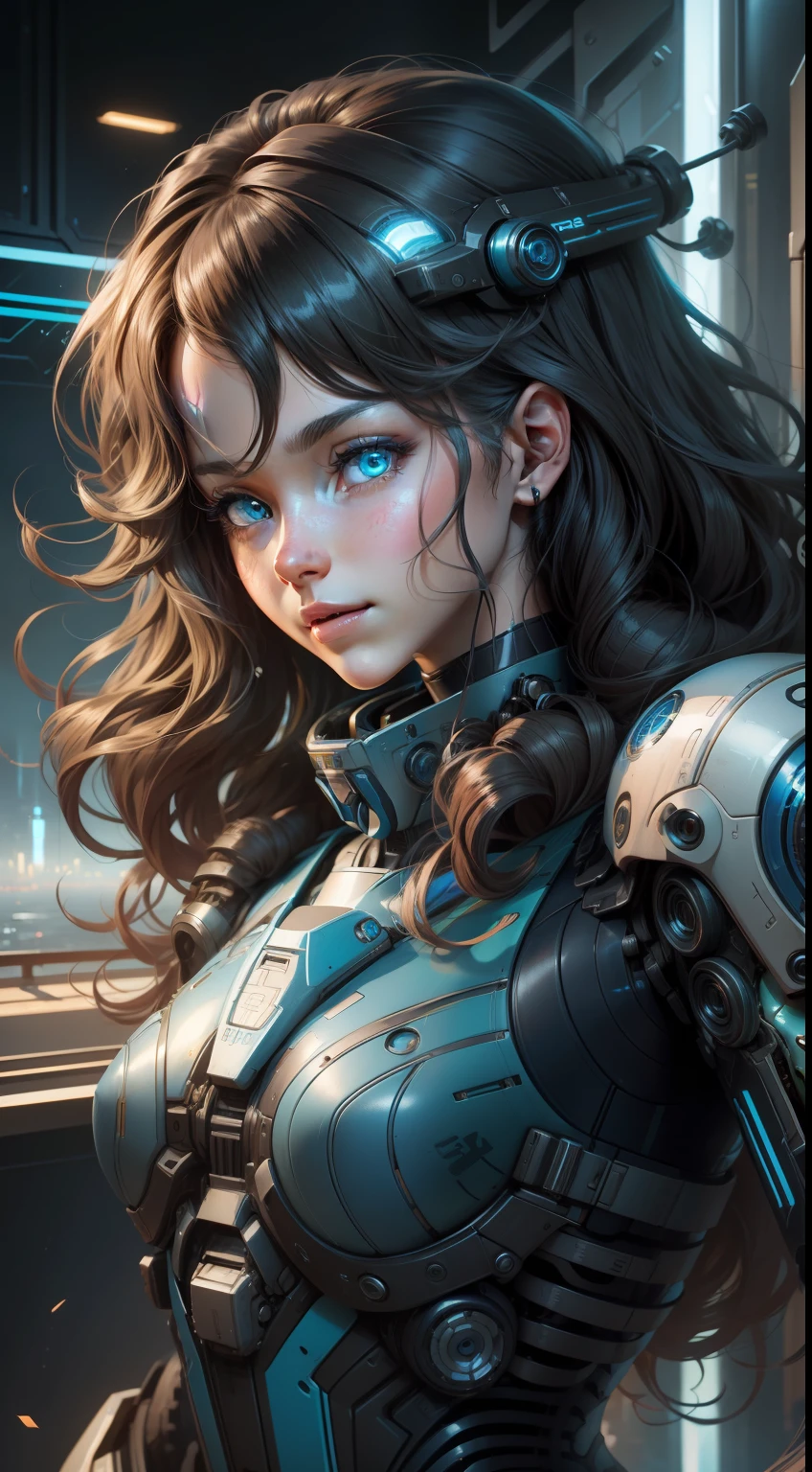 Best quality at best,illustratio,one-girl,Detailed eyes of happiness,Flat skin,Happy details of hair,Wavy hair,robot-girl,cyber punk style,whole body display,Blue style