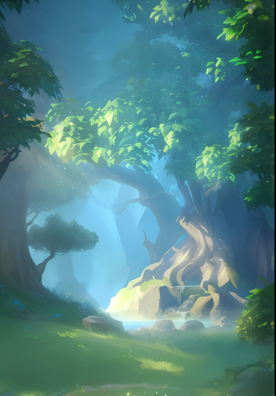 There is a picture of a forest with waterfalls and trees, hearthstone concept art, Blizzard Hearthstone concept art, Stylized concept art, fantasy forest environment, elf forest background, background artwork, magical forest backround, arte de fundo, world of warcraft art style, Sylvanban, hearthstone art, fantasy forest background, world of warcraft concept art