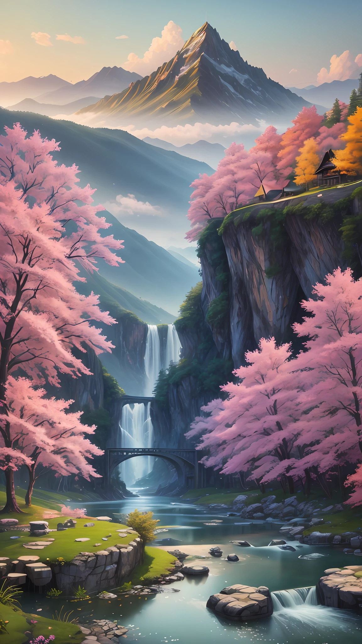 Wallpapers,scenecy,Far Mountain,Eau,Traditional Gangnam,idyllic scenery,(Very detailed CG unity 8K wallpaper),most beautiful artwork in the world,iintricate,high detal,sharp fokus,dramatics,Realistic painting art