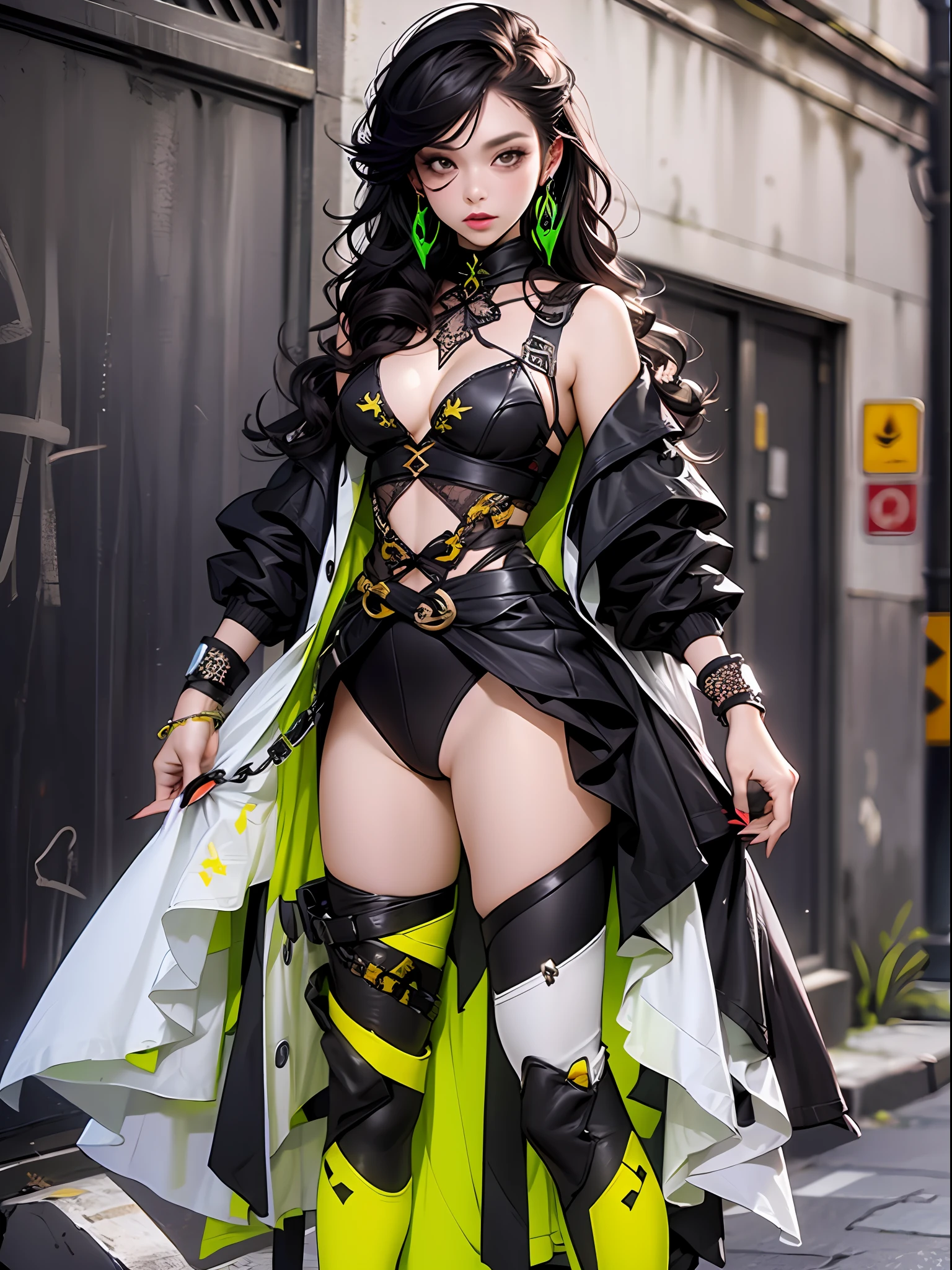 ((melhor qualidade)), ((obra prima)), garota adulta com roupa hiper detalhada com peitoral no formato de caveira, Modern black clothing with yellow details, cabelo branco, guerreira urbana com exo-esqueleto