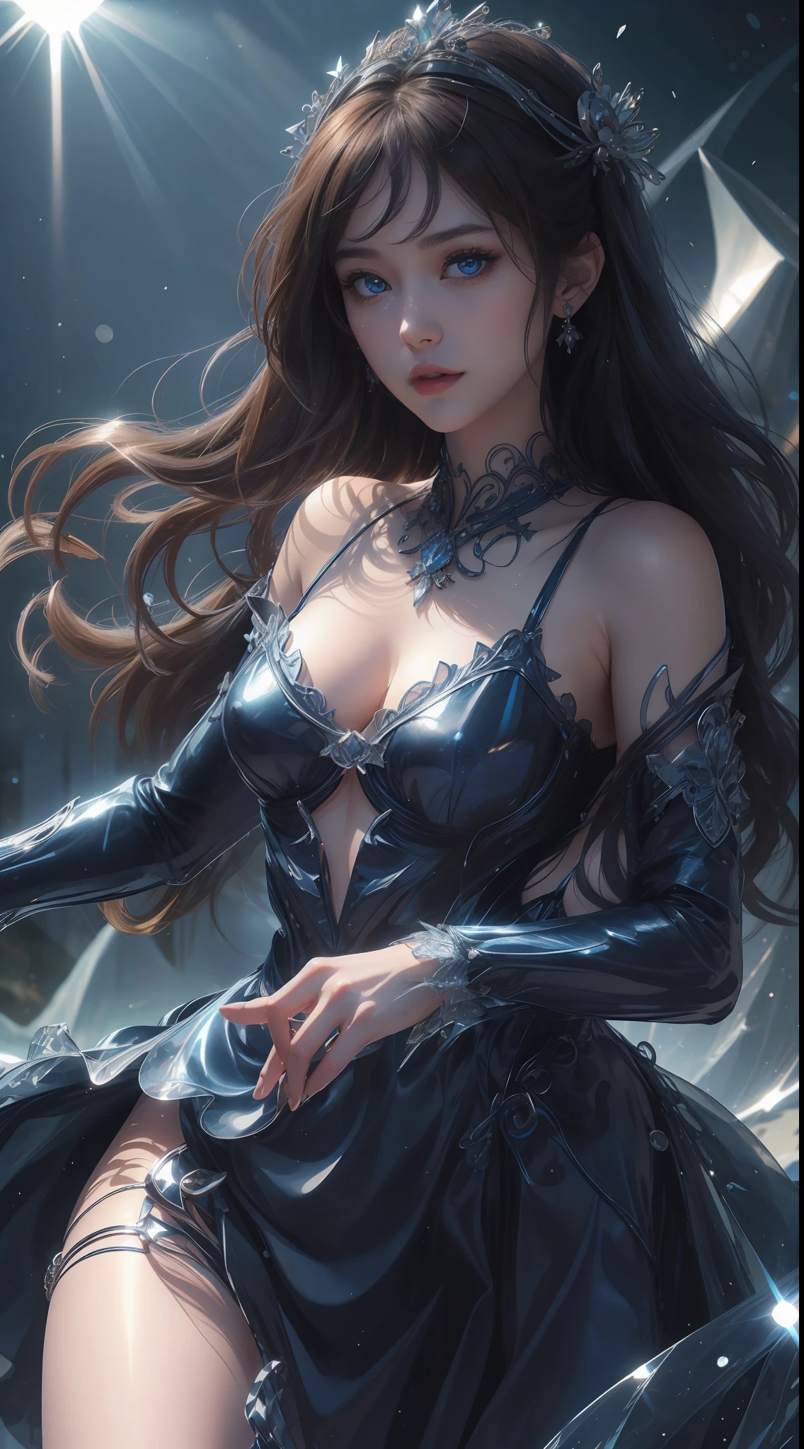 8K ultra hd, masterpiece, ultra quality, a cute girl, cute face, detailed eyes, detailed lip, medium breathe, dress, fantacy dark blue costume, beautiful shining dark blue costume, shining effect, shining, blur effect, morning time, sun light, whole body capture,