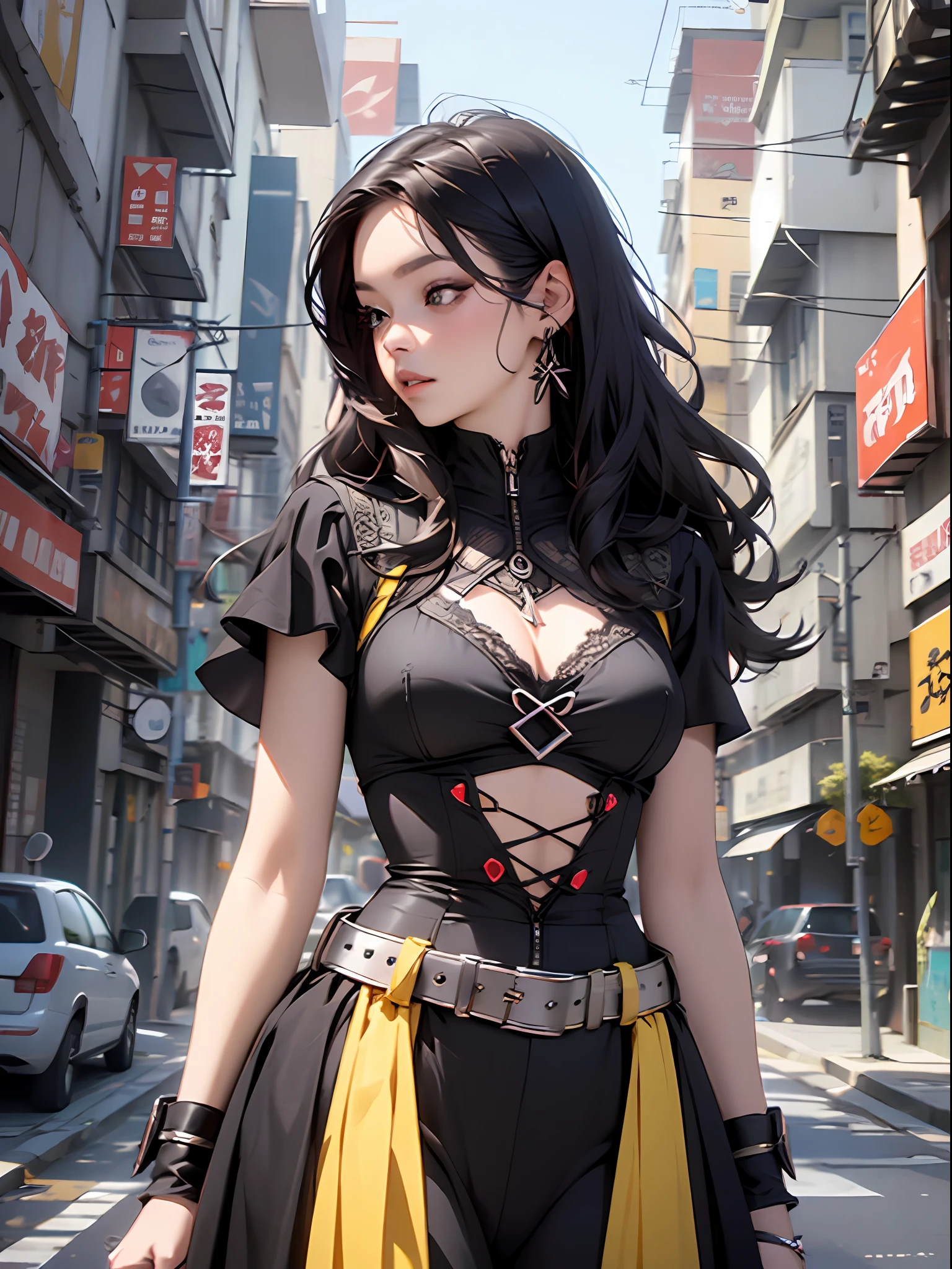 ((melhor qualidade)), ((obra prima)), garota adulta com roupa hiper detalhada com peitoral no formato de caveira, Modern black clothing with yellow details, cabelo branco, guerreira urbana com exo-esqueleto
