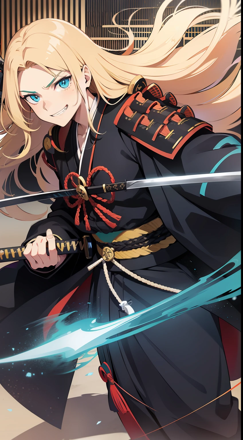 Tall guy, Long blond hair, Cyan eyes, Samurai attire, katana, smirk, Masterpiece, hiquality