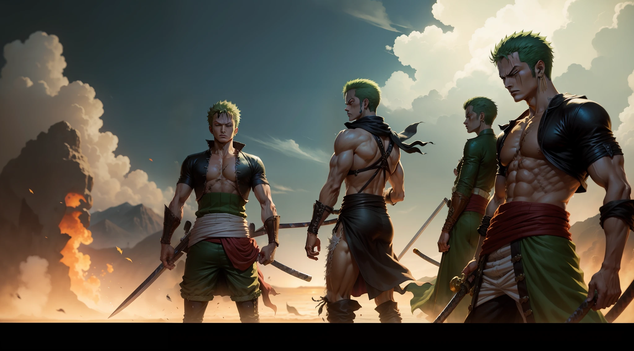 Zoro - one piece, in battle position, three blades, looking at the Far, Epic scene, high resolution