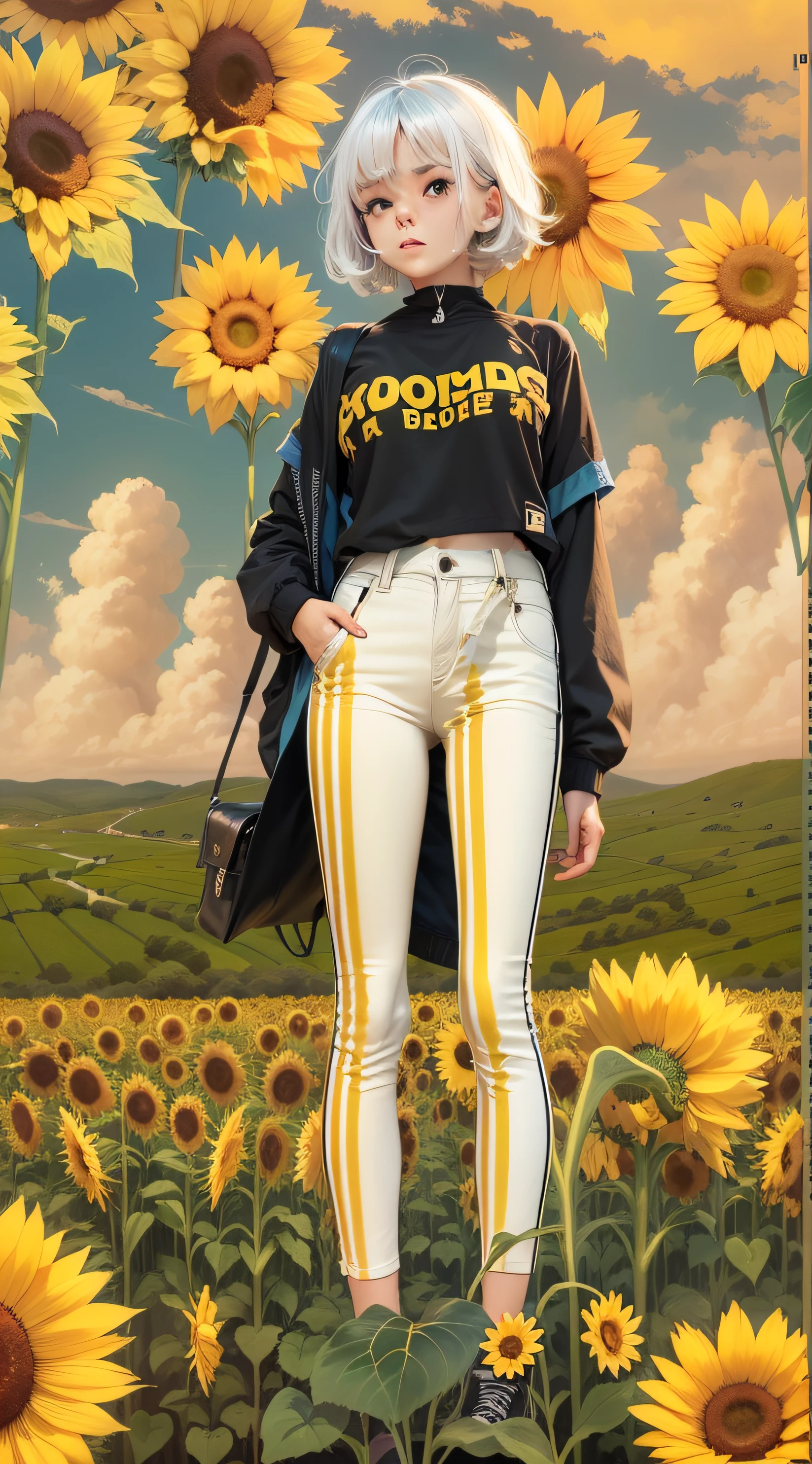 a girl, adolescente, com olhos amarelos, white hair cut to the shoulders, vestindo um sobretudo amarelo, camiseta preta sem estampa toda camiseta preta, black pants without print, all black handles, in the background a beautiful field of sunflowers, blue skies, um gato preto,
estilo de capa de quadrinhos