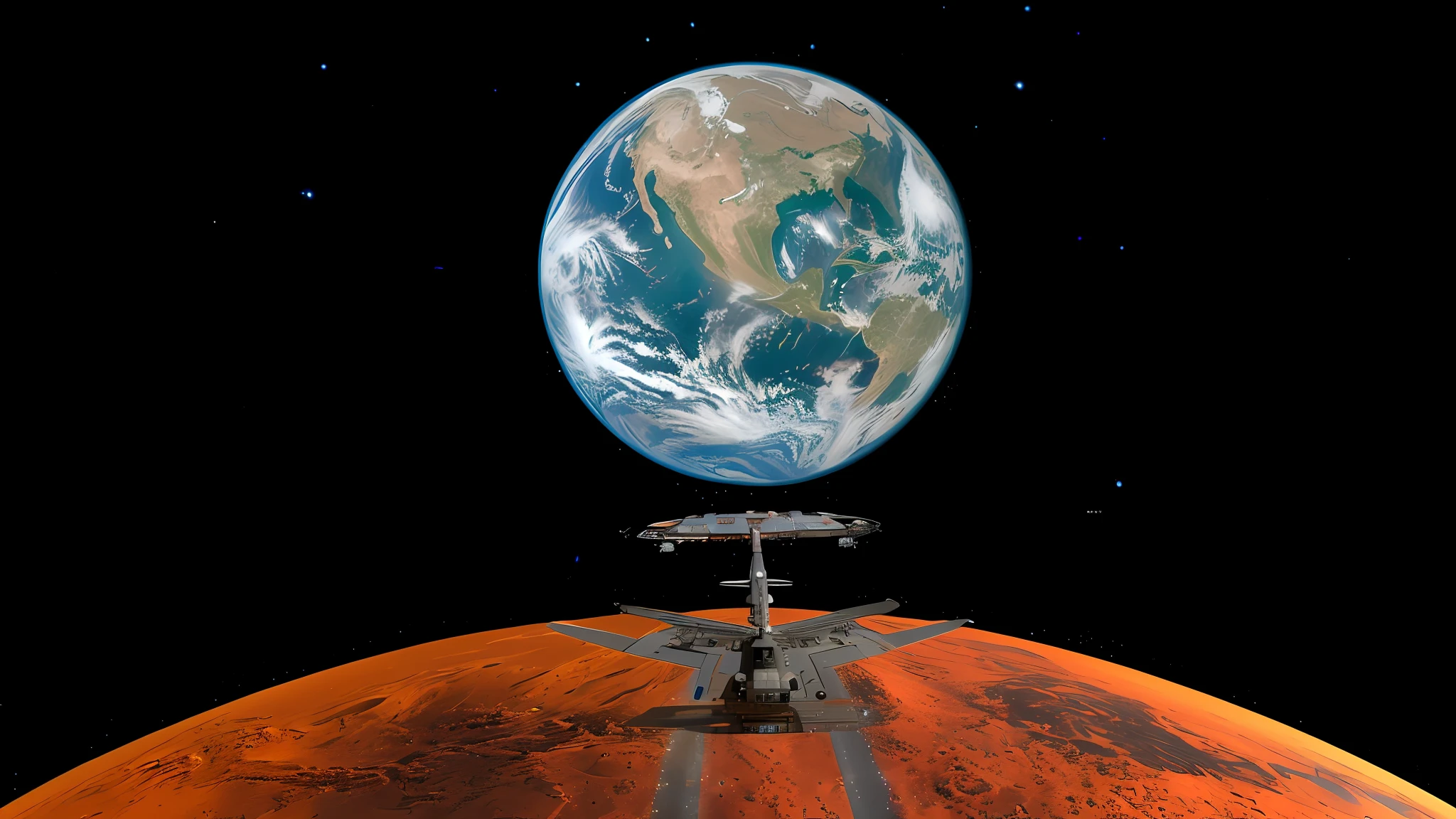 spaceship flying over a planet with a star trek ship in the background, planet arrakis, terraformed mars, musk's mars migration program, red rising planet, planet mars in the background, mars setting, mars invasion 2 0 3 3 - 2 0 4 2, orbiting a strange planet, terraforming mars, mars base, mars colony