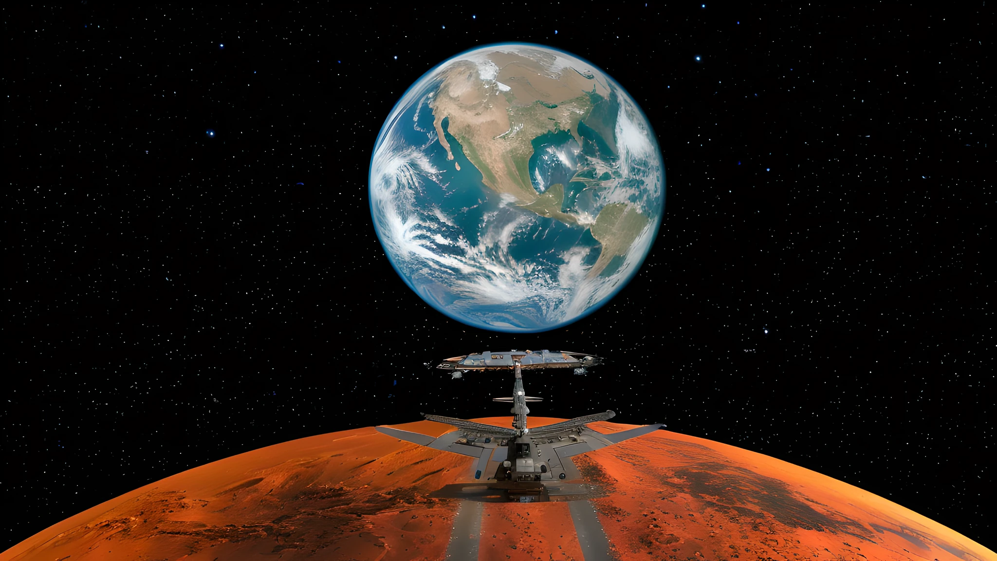 spaceship flying over a planet with a star trek ship in the background, planet arrakis, terraformed mars, musk's mars migration program, red rising planet, planet mars in the background, mars setting, mars invasion 2 0 3 3 - 2 0 4 2, orbiting a strange planet, terraforming mars, mars base, mars colony