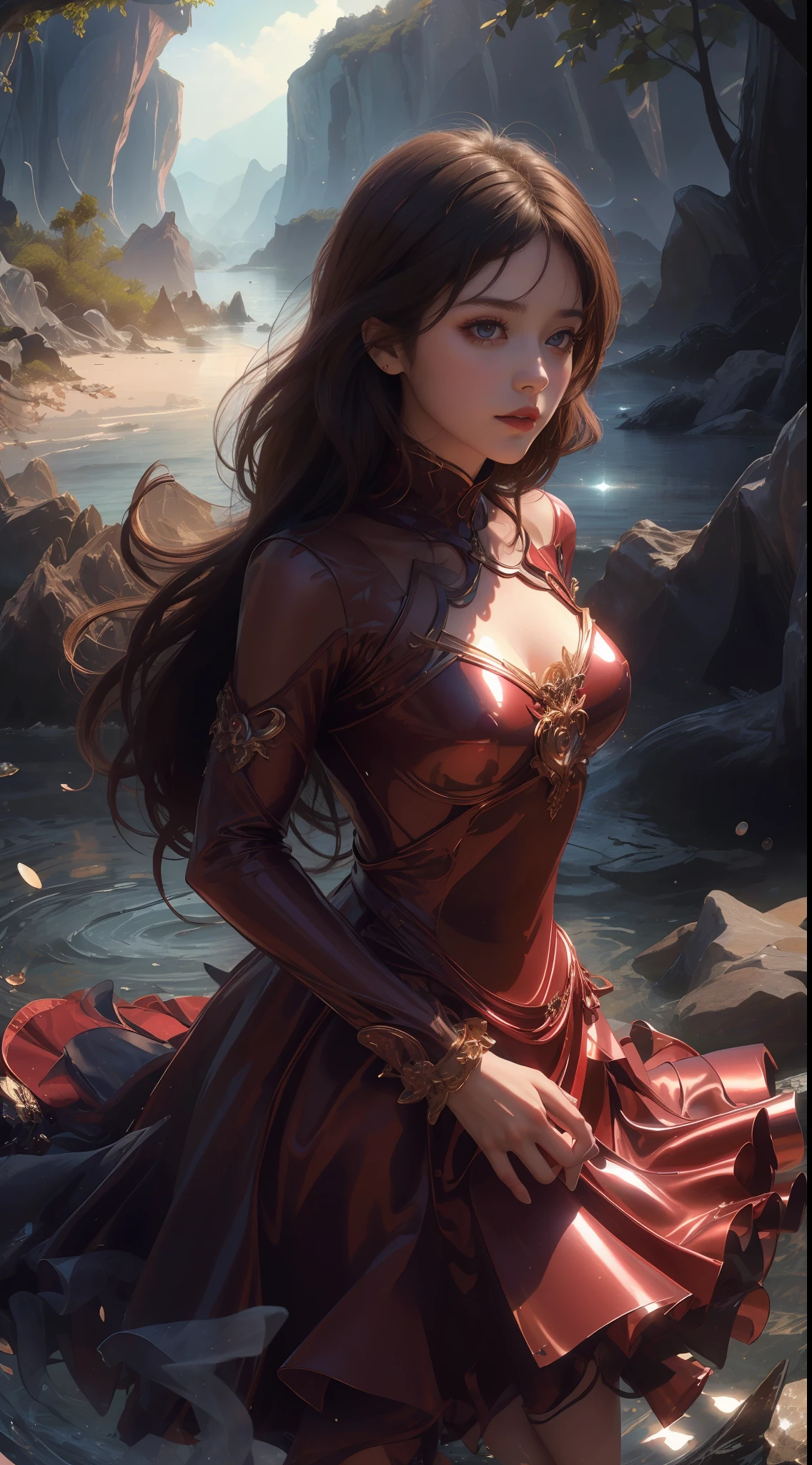 8K ultra hd, masterpiece, ultra quality, a cute girl, cute face, detailed eyes, detailed lip, medium breathe, dress, fantacy dark red costume, beautiful shining dark red costume, shining effect, shining, blur effect, morning time, sun light, whole body capture,