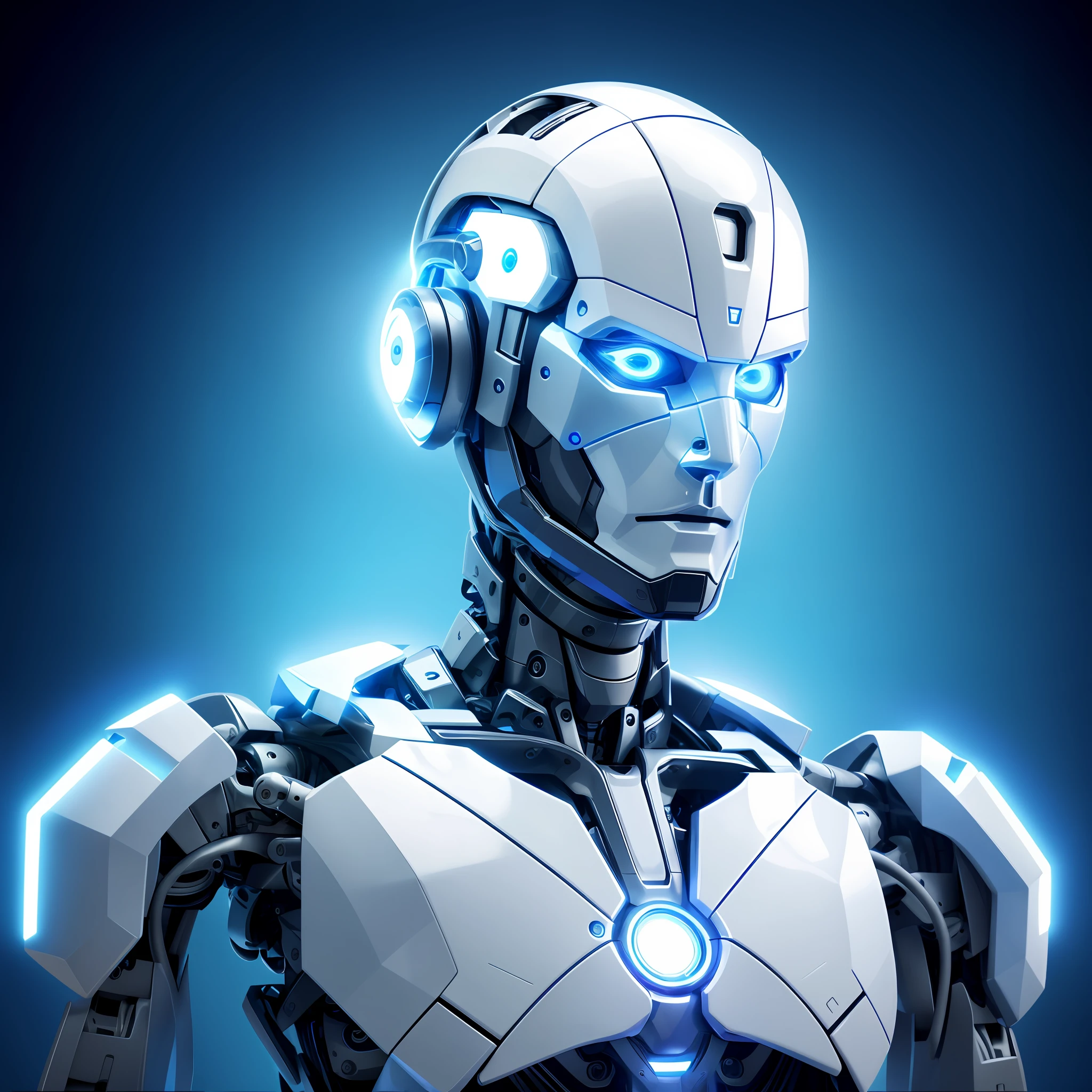 A closeup of a robot with blue eyes and a white body, portrait of a futuristic robot, humanoid robot close up, robot with human face, futuristic robot, white robot, cyborg robot, friendly humanoid cyber robot, humanoide detalhado, Retrato do humanoide masculino, cyborg robot wearing vr headset, robot cyborg, strong artificial intelligence, futuristic robot body, Ciborgue Macho