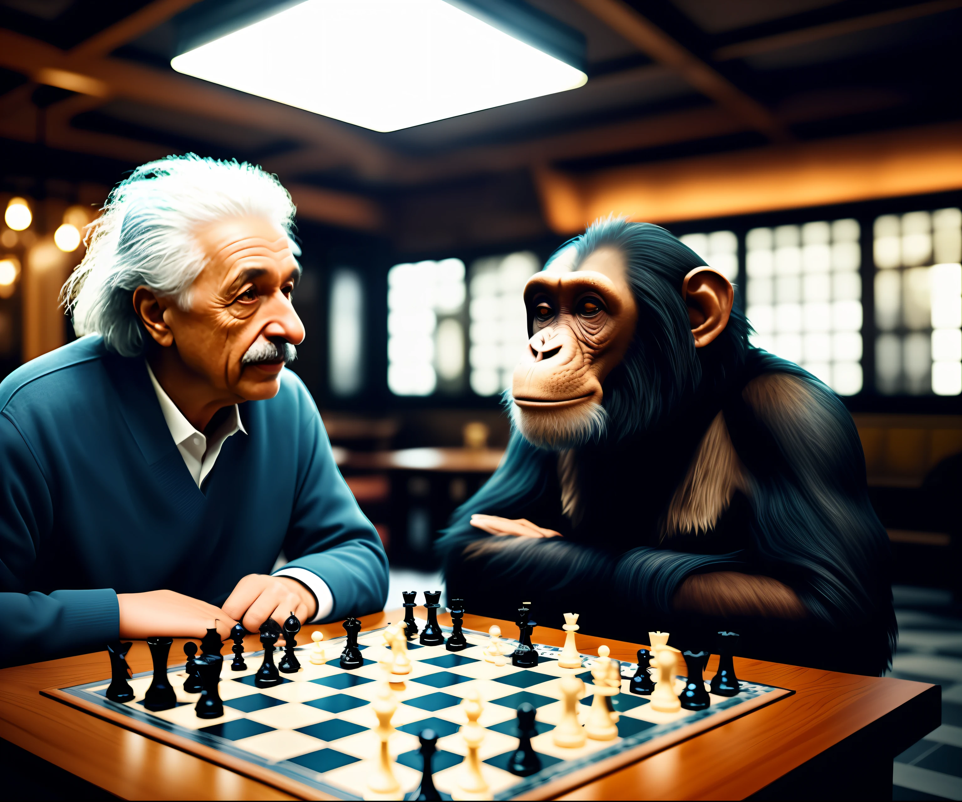 (extremely detailed CG unity 8k wallpaper, masterpiece, best quality) albert einstein playing chess with a hipster chimpanzee in a bar, dark environment, volumetric light, film style, kodak film, high resolution, photographic, hyper-realistic