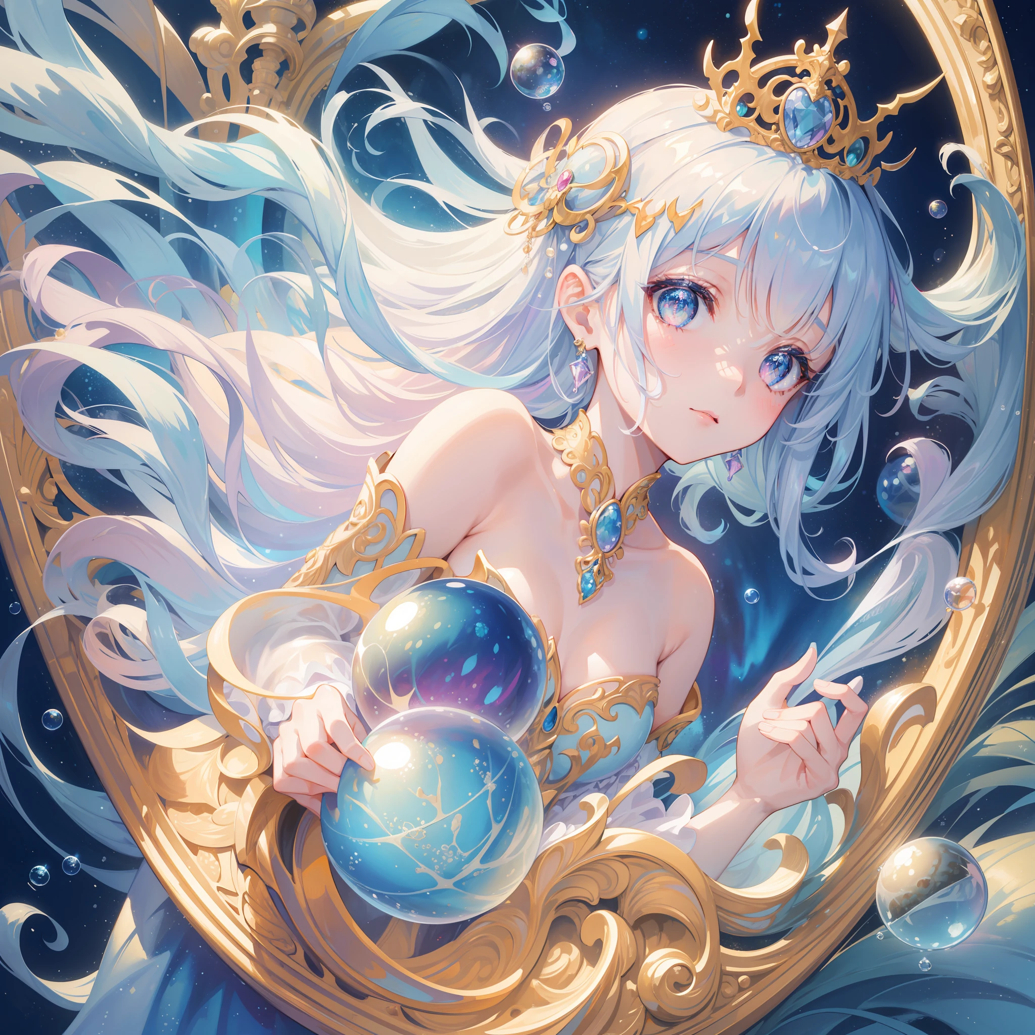 masterpiece, best quality, 8k resolution, sharp focus, intricate detail, beautiful girl, sparkling eyes, golden ratio face, otherworldly liquid, watercolor, pastel colors, bright colors, whimsical, colorful, sharp focus, high resolution, fine detail, princess fantasy flowing ballgown, ((round eyes)), iridescent bubbles, castle landscape in background