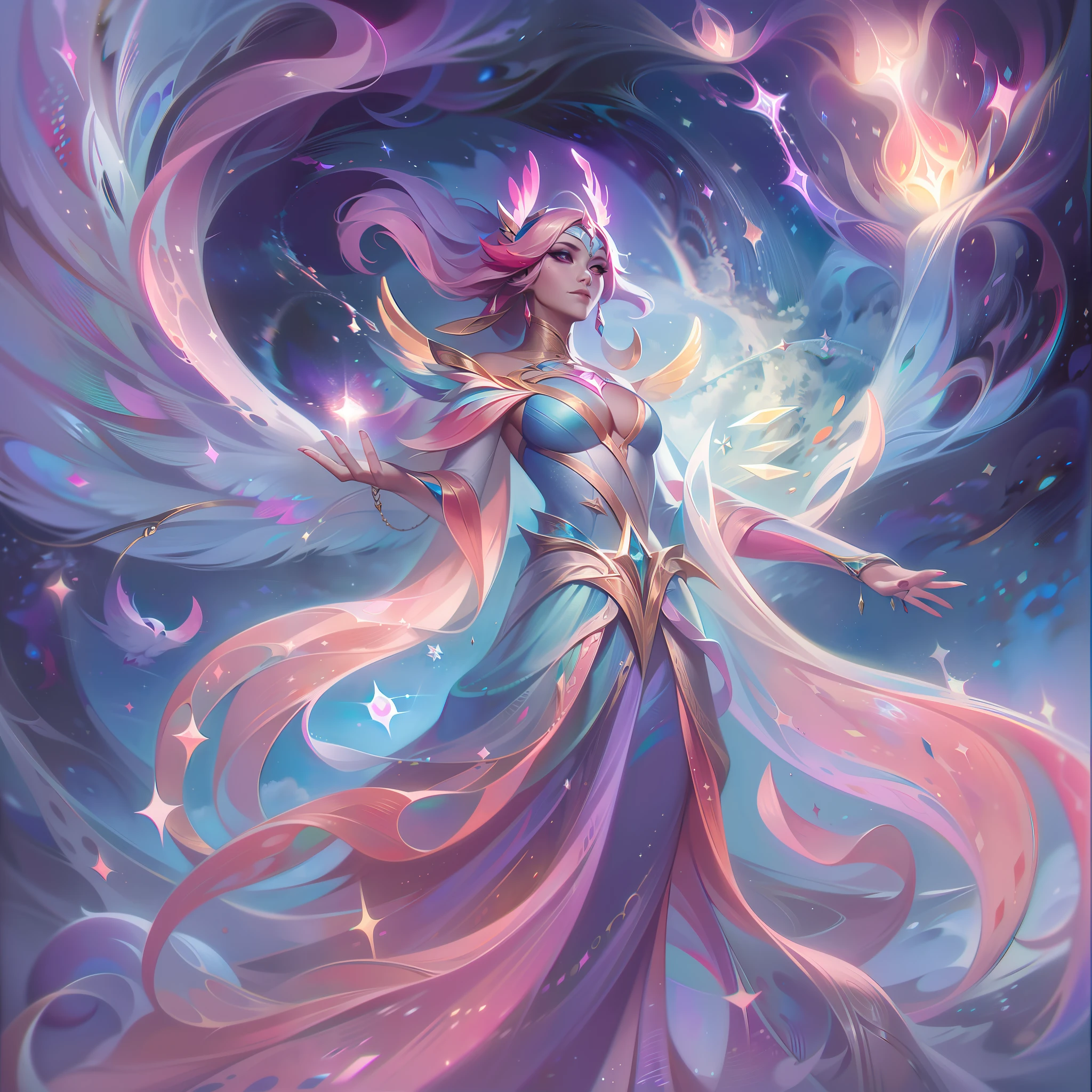 The base splash art of "Celestial Warden Lyra" presents a stunning and otherworldly scene. Standing tall amidst a celestial backdrop, Lyra, the Empathic Warden, exudes a sense of tranquility and wisdom. Her appearance is that of a celestial being, adorned with shimmering, iridescent wings that radiate an ethereal glow.
Lyra's Empathic Casting is on full display, depicted as wisps of energy flowing from her outstretched hands. These energy wisps connect with the champions surrounding her, symbolizing her ability to channel and manipulate emotions.
In the background, the cosmic landscape adds to the grandeur of the image. Twinkling stars and distant galaxies create a sense of awe and wonder, emphasizing Lyra's celestial origins and her role as a guardian of emotions.
The color palette is a harmonious blend of soft pastels, evoking a serene and peaceful atmosphere. The overall composition exudes a sense of calm and inner strength, reflecting the harmonious balance that Lyra strives to achieve.