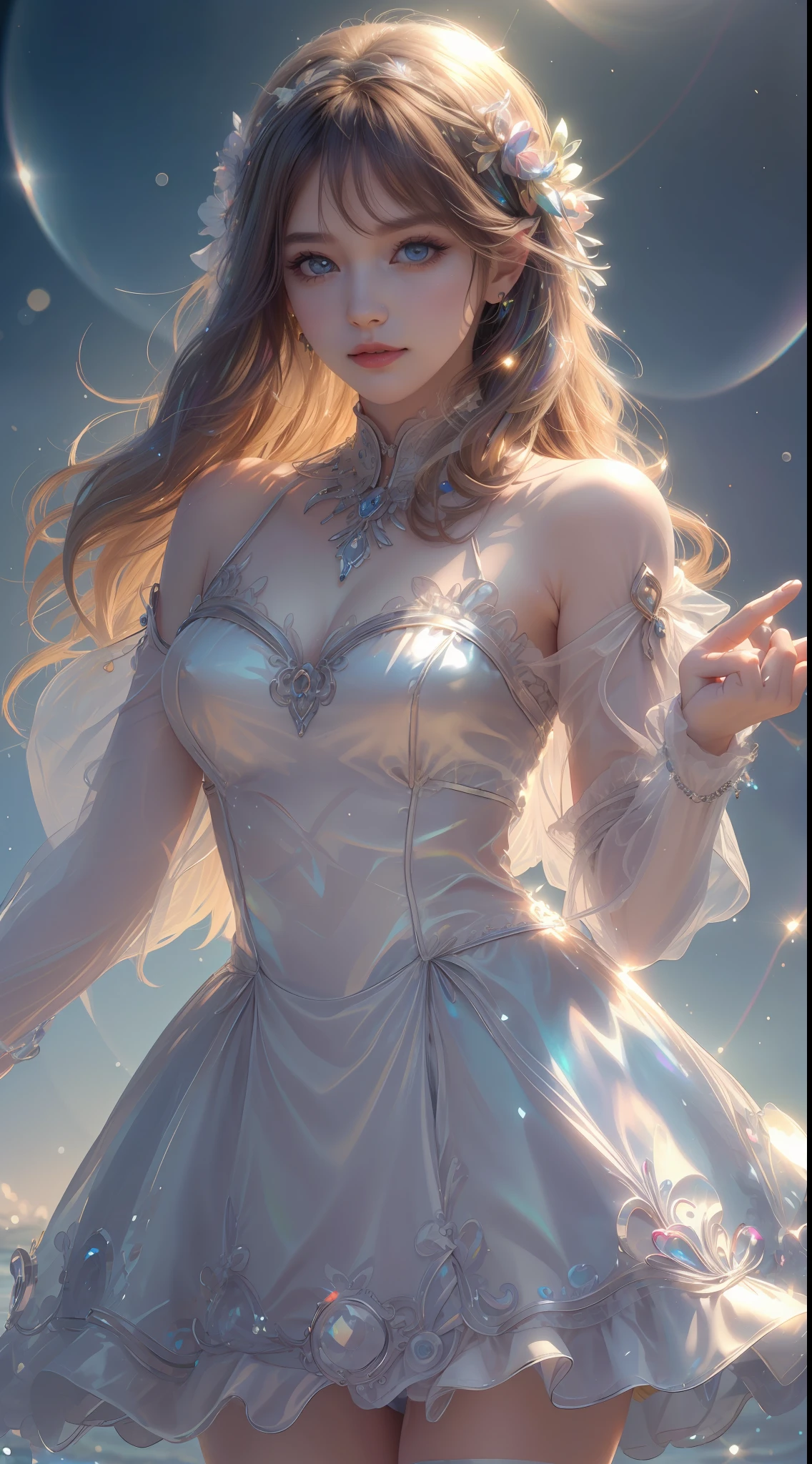 8K ultra hd, masterpiece, ultra quality, a cute girl, cute face, detailed eyes, detailed lip, medium breathe, dress, fantacy rainbow costume, beautiful shining rainbow costume, shining effect, shining, blur effect, morning time, sun light, whole body capture,