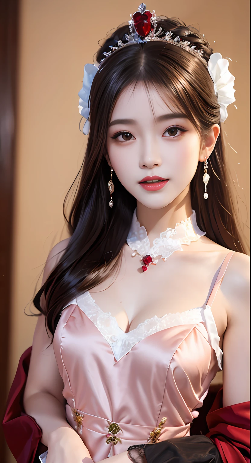 1 young empress wearing a red lace top, a deep-breasted nightgown, a Chinese-style dress, an ancient costume with many phoenix patterns, a spotless pinkish-white face, a crown on her head, and hip-length black hair , very beautiful and sharp brown eyes, small red lips, painted lips, charming smile, jewelry worn around her neck, earrings, white and even teeth, high nose, big round breasts, the girl's body is full of substance greasy sperm, elongated legs, thin mesh black socks, portrait, most realistic, highest quality, best pixels, 8k ultra ,