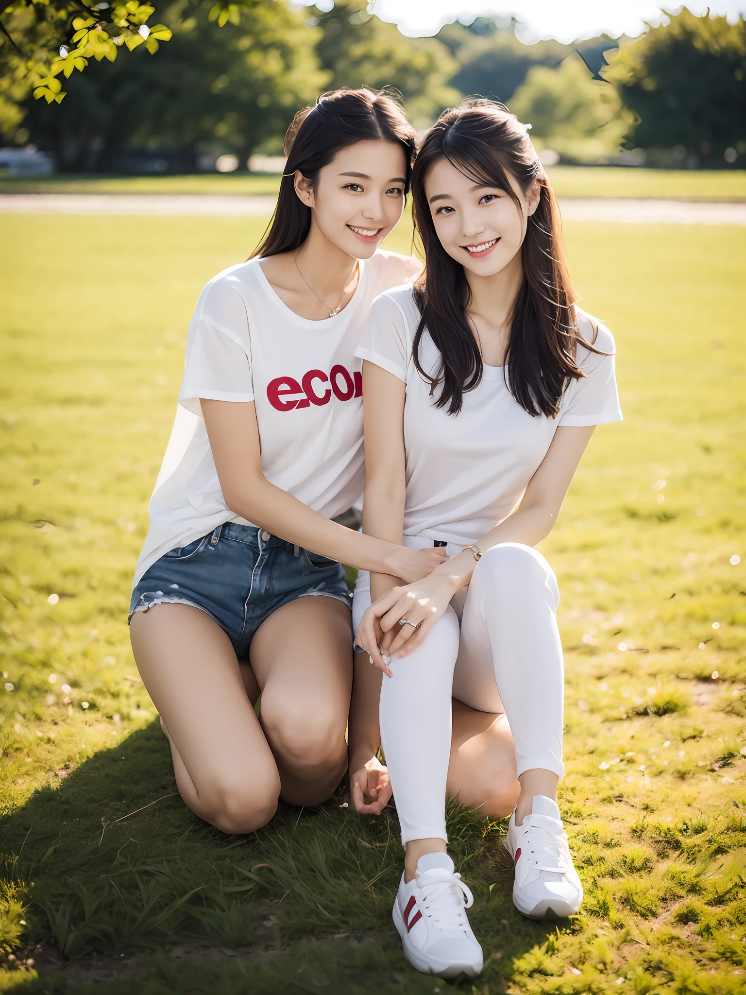 （超高分辨率，RAW photogr，realisticlying，tmasterpiece，best qualtiy：1.4），Complicated details，3个女孩，3 20 year old Korean girl，Wear a loose black T-shirt and skinny jeans，Stand on the grass and take pictures，hugs，Intimate relationships，Detailed meadow，A sweet smile on a small face，Ultra-realistic facial details，The face and skin are pink and white, and luminous，Playful and coquettish pose，The calves are straight and slender:1.2，Wear high-end brand sneakers:1.0，eventide：0.3，Broad lighting，naturalshadow：1.0，超高分辨率，taking a full body photo:1.8