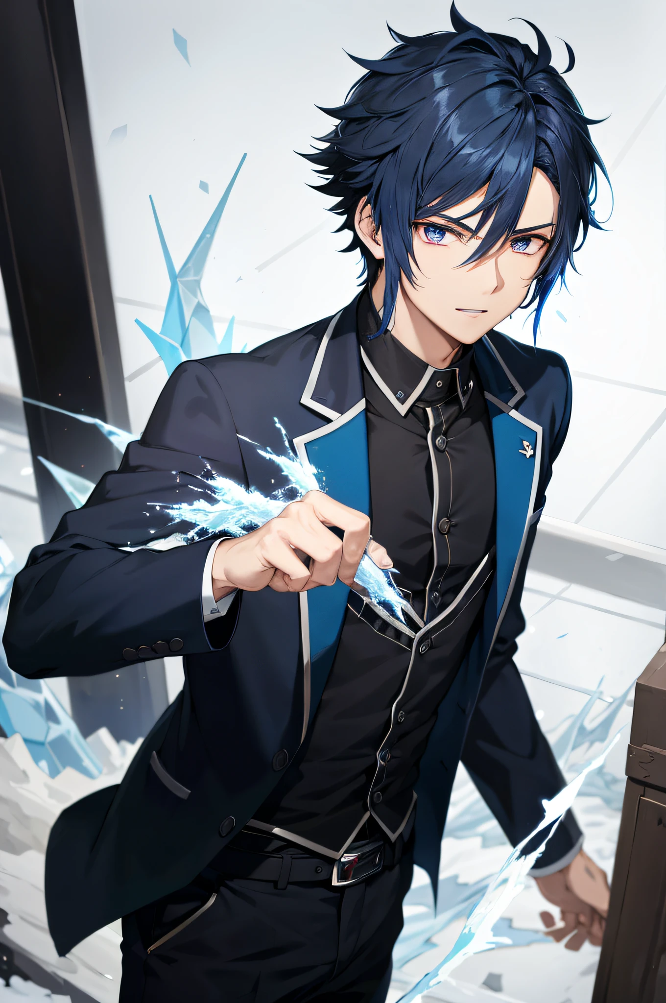 an anime boy with dark blue hair, thick hair with a pointed bang extending between his eyes, cold blue eyes, wearing a classy black japanese school uniform, icy magic effects