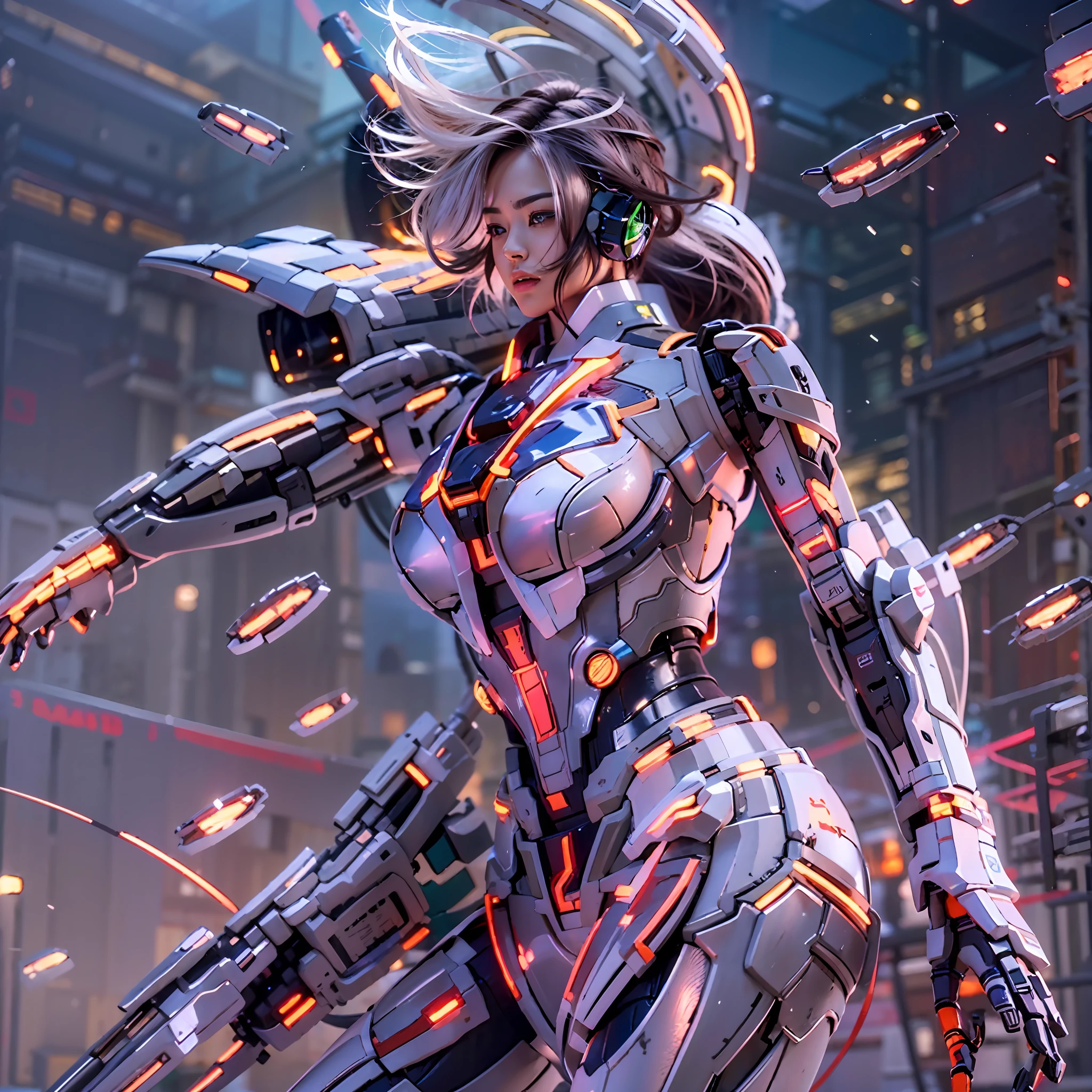 Full Body View CyberArmor Ultraman Empress is spreading her wings of light in outer space, ready to leap,The Ultra Armor Ultraman Empress in the ultra-wide-angle shot has an ethereal and graceful posture,Stretch out the light wings is magnificent,Cyberarmor Ultraman Empress has a sexy and atmospheric figure,K-cup teardrop-shaped giant tit chest tears the armor apart, making her sexy sex characteristics obvious body particularly attractive,She was facing the unfolding portal,Behind you is a bright starry sky and the wreckage of an enemy plane that exploded and crashed,At your feet is the planet Cyber,A glorious body cloaked in space rays,A pair of huge heterochromatic eyes of Kaziran,Those eyes had dreamy neon flashing pupils,The sexy and tight waist and abdomen line is sexy and graceful,Cyber Armor Ultraman Empress Beauty collarbone connects to slender shoulder arms,There are graceful hands that are ergonomic and physiologically normal,Knee-length fishnet sock armor on his legs,Wearing Skyscraper Heels armor on his feet,There is no fat all over the body,And the funnel shape is slim at the waist,The buttock armor looks rounded and sexy,The slender robotic arms and beautiful legs are super slender,Gorgeous mech liveries and pulsed light strips give her a futuristic mechanical aesthetic,Use Midjourney's advanced stroke tools and experiment with different color palettes and strokes to reveal and improve clarity and detail,The starry sky elements in the background use hash power to reflect the sexy mechanics of all parts of the body of the Cyberarmor Ultraman Empress,Improve image quality and clarity,Cyberarmor Ultraman Empress is a streamlined mechanical trait that coexists mechanically and sexy,The result is incredible detail throughout the picture。Use Midjourney's advanced brush tools and experiment with different color palettes and texture tools, stroke tools, material packs, character expression tools, and show and enhance the sexy elements in your scene,The result