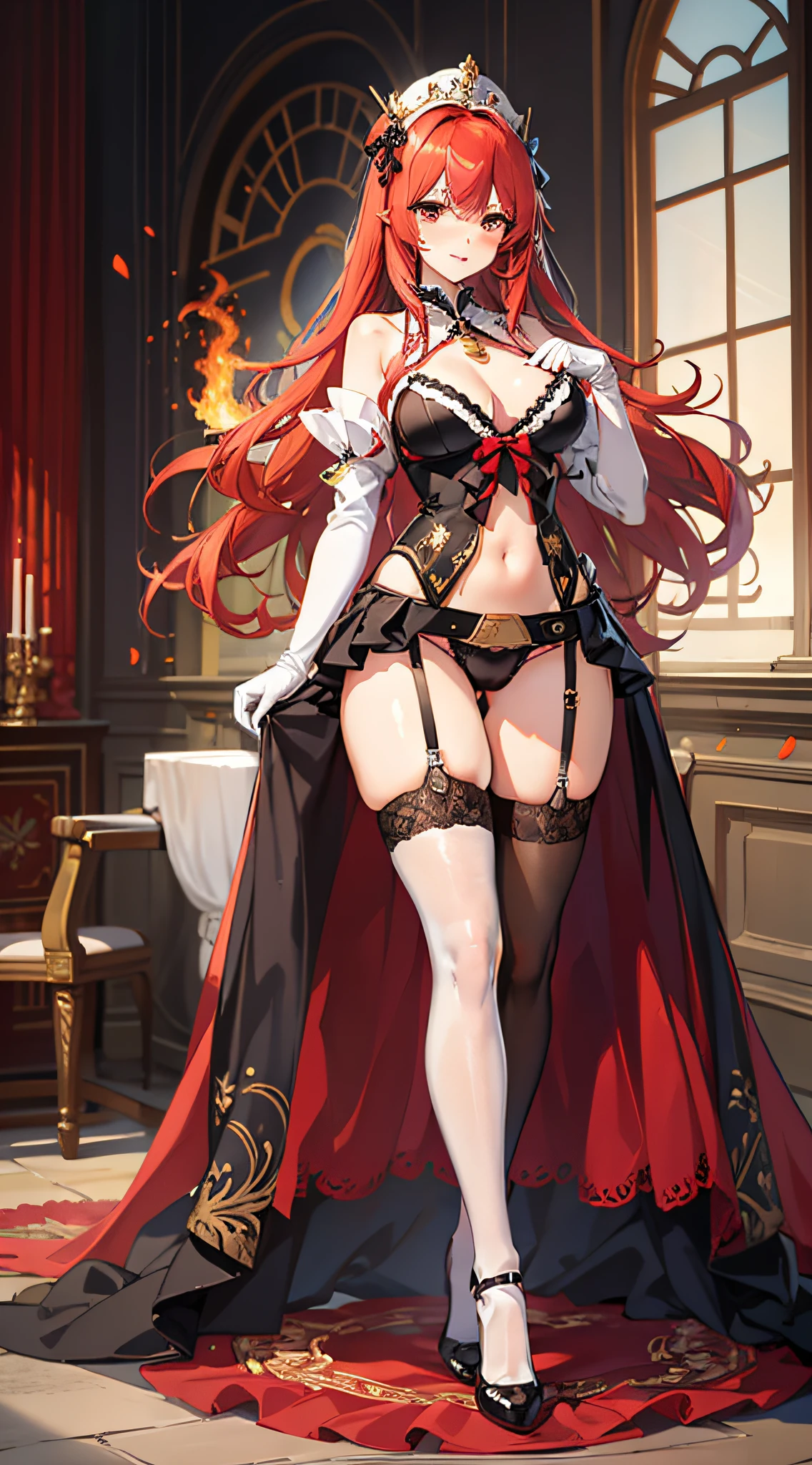 Anime girl with red rose on her head standing in royal bedroom，Long bright red hair，Bright red hair，Orange-red eyes，Big wavy long hair，Melon seed face，A coquettish expression，White sleeves，White gloves，Pink lace，Anime fire element，White bra，A white bikini，Black tunic，Medieval women's belt，Royal style，blacksilk，black lence stockings，Lace trim on the legs，Black panty skirt，show legs，Does not show the buttocks，Black bikini panties，Frontal photo，fully body photo，Stand with legs crossed，Full body photo without showing feet，White bow ribbon adorns the belt，ultraclear，Ultra high quality，tmasterpiece