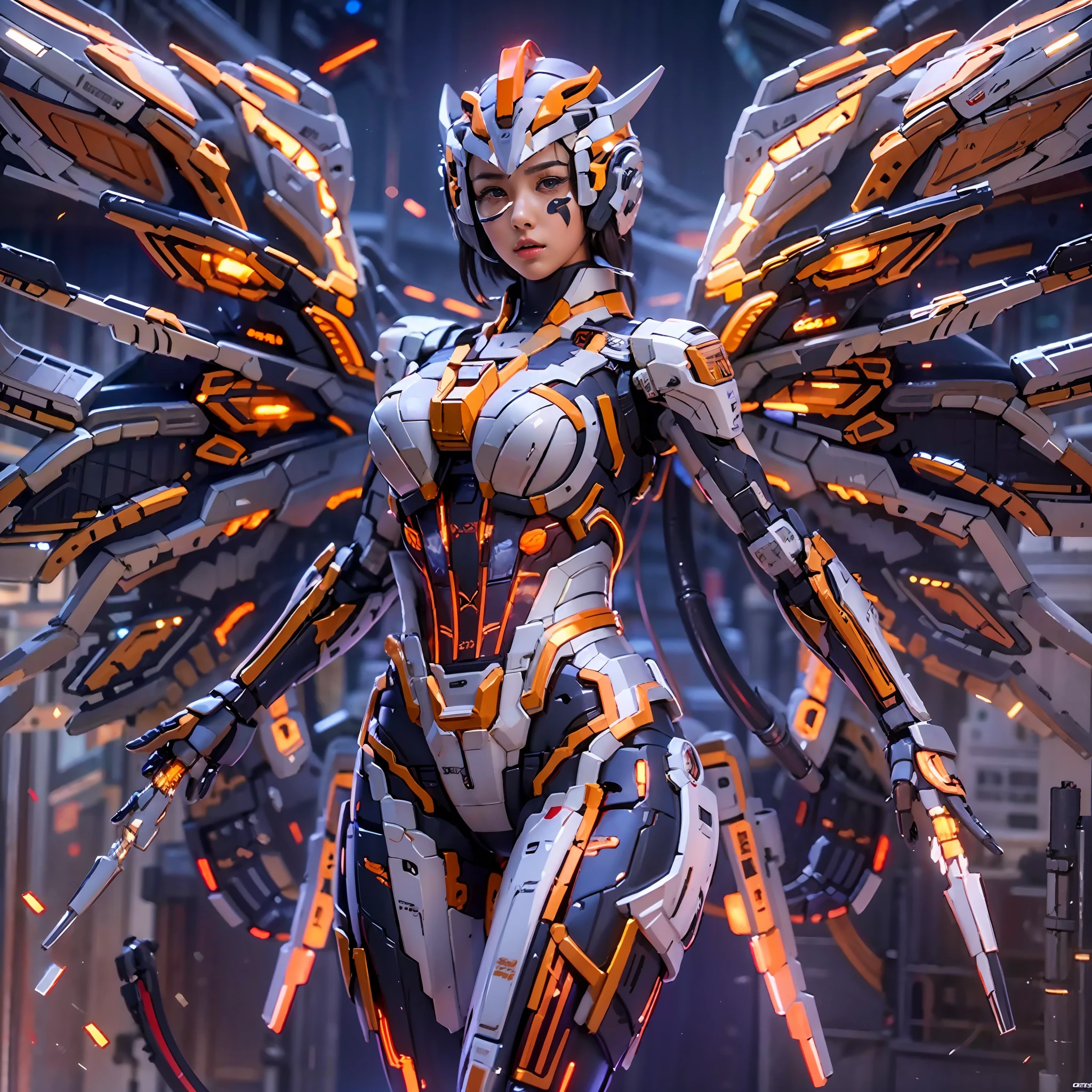 Full Body View CyberArmor Ultraman Empress is spreading her wings of light in outer space, ready to leap,The Ultra Armor Ultraman Empress in the ultra-wide-angle shot has an ethereal and graceful posture,Stretch out the light wings is magnificent,Cyberarmor Ultraman Empress has a sexy and atmospheric figure,K-cup teardrop-shaped giant tit chest tears the armor apart, making her sexy sex characteristics obvious body particularly attractive,She was facing the unfolding portal,Behind you is a bright starry sky and the wreckage of an enemy plane that exploded and crashed,At your feet is the planet Cyber,A glorious body cloaked in space rays,A pair of huge heterochromatic eyes of Kaziran,Those eyes had dreamy neon flashing pupils,The sexy and tight waist and abdomen line is sexy and graceful,Cyber Armor Ultraman Empress Beauty collarbone connects to slender shoulder arms,There are graceful hands that are ergonomic and physiologically normal,Knee-length fishnet sock armor on his legs,Wearing Skyscraper Heels armor on his feet,There is no fat all over the body,And the funnel shape is slim at the waist,The buttock armor looks rounded and sexy,The slender robotic arms and beautiful legs are super slender,Gorgeous mech liveries and pulsed light strips give her a futuristic mechanical aesthetic,Use Midjourney's advanced stroke tools and experiment with different color palettes and strokes to reveal and improve clarity and detail,The starry sky elements in the background use hash power to reflect the sexy mechanics of all parts of the body of the Cyberarmor Ultraman Empress,Improve image quality and clarity,Cyberarmor Ultraman Empress is a streamlined mechanical trait that coexists mechanically and sexy,The result is incredible detail throughout the picture。Use Midjourney's advanced brush tools and experiment with different color palettes and texture tools, stroke tools, material packs, character expression tools, and show and enhance the sexy elements in your scene,The result