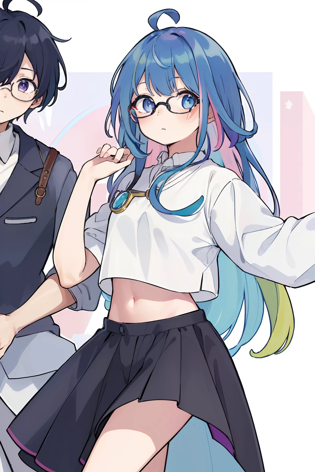 (​masterpiece、top-quality:1.1), With one girl、２Boy with people glasses, Empty clothes, Beautiful eyes of iridescent colors,punch , The two are good friends、moody expression, Rainbow Hair Color, bangss, Ahoge,croptop, Everyday background