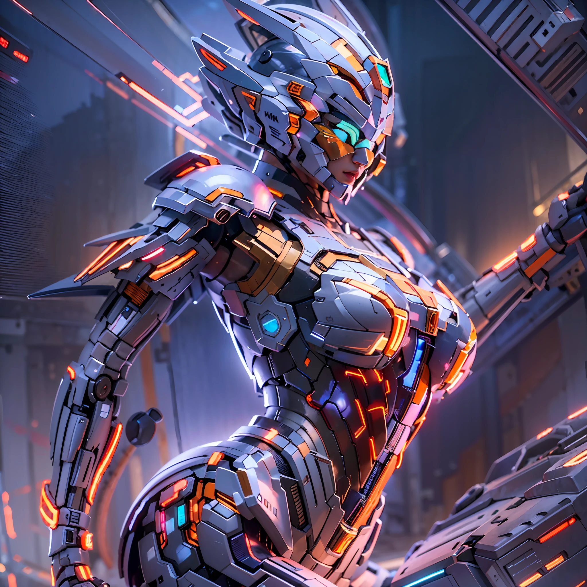 Full Body View CyberArmor Ultraman Empress is spreading her wings of light in outer space, ready to leap,The Ultra Armor Ultraman Empress in the ultra-wide-angle shot has an ethereal and graceful posture,Stretch out the light wings is magnificent,Cyberarmor Ultraman Empress has a sexy and atmospheric figure,K-cup teardrop-shaped giant tit chest tears the armor apart, making her sexy sex characteristics obvious body particularly attractive,She was facing the unfolding portal,Behind you is a bright starry sky and the wreckage of an enemy plane that exploded and crashed,At your feet is the planet Cyber,A glorious body cloaked in space rays,A pair of huge heterochromatic eyes of Kaziran,Those eyes had dreamy neon flashing pupils,The sexy and tight waist and abdomen line is sexy and graceful,Cyber Armor Ultraman Empress Beauty collarbone connects to slender shoulder arms,There are graceful hands that are ergonomic and physiologically normal,Knee-length fishnet sock armor on his legs,Wearing Skyscraper Heels armor on his feet,There is no fat all over the body,And the funnel shape is slim at the waist,The buttock armor looks rounded and sexy,The slender robotic arms and beautiful legs are super slender,Gorgeous mech liveries and pulsed light strips give her a futuristic mechanical aesthetic,Use Midjourney's advanced stroke tools and experiment with different color palettes and strokes to reveal and improve clarity and detail,The starry sky elements in the background use hash power to reflect the sexy mechanics of all parts of the body of the Cyberarmor Ultraman Empress,Improve image quality and clarity,Cyberarmor Ultraman Empress is a streamlined mechanical trait that coexists mechanically and sexy,The result is incredible detail throughout the picture。Use Midjourney's advanced brush tools and experiment with different color palettes and texture tools, stroke tools, material packs, character expression tools, and show and enhance the sexy elements in your scene,The result