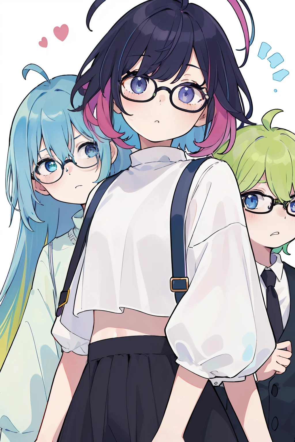 (​masterpiece、top-quality:1.1), With one girl、２Boy with people glasses, Empty clothes, Beautiful eyes of iridescent colors,punch , The two are good friends、moody expression, Rainbow Hair Color, bangss, Ahoge,croptop, Everyday background