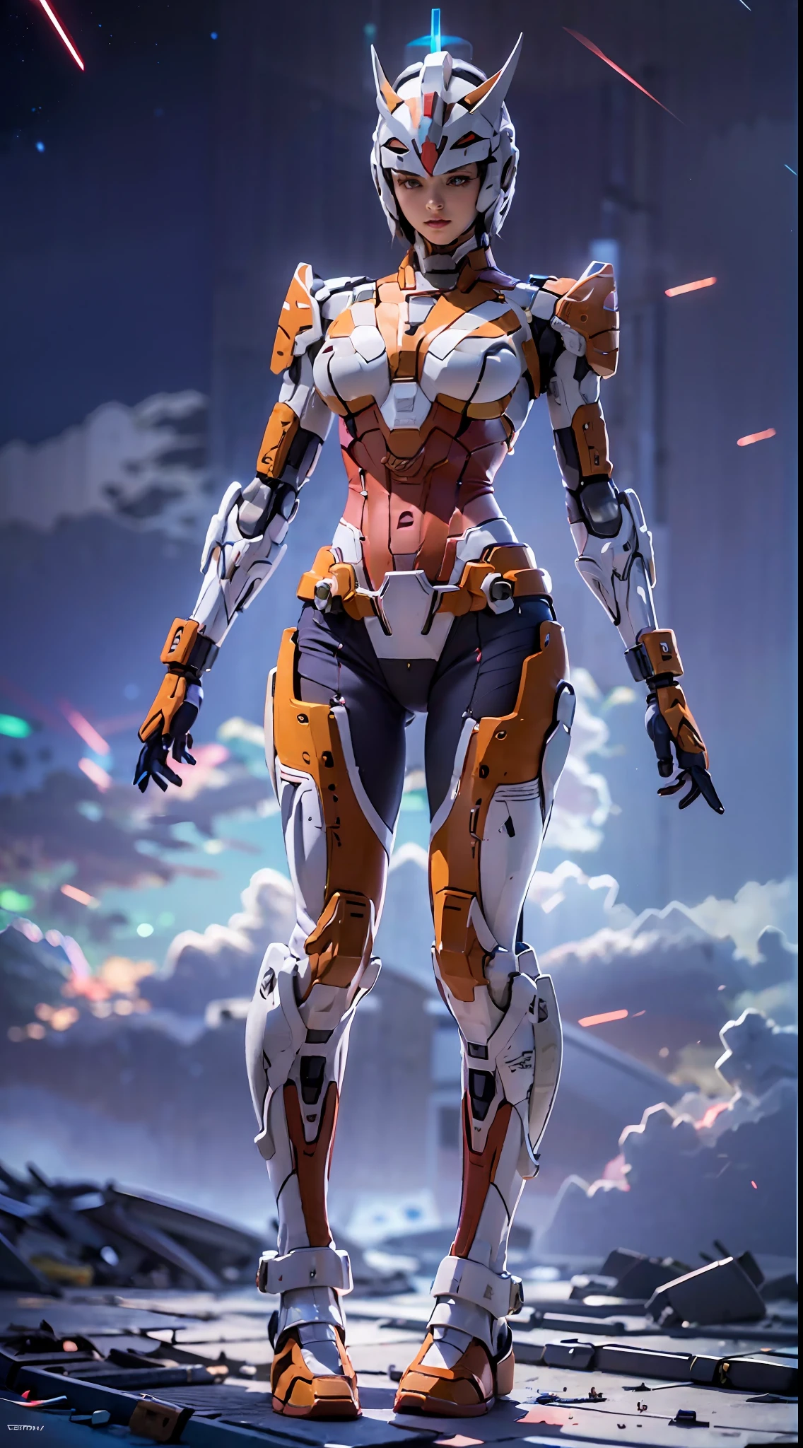 Full Body View CyberArmor Ultraman Empress is spreading her wings of light in outer space, ready to leap,The Ultra Armor Ultraman Empress in the ultra-wide-angle shot has an ethereal and graceful posture,Stretch out the light wings is magnificent,Cyberarmor Ultraman Empress has a sexy and atmospheric figure,K-cup teardrop-shaped giant tit chest tears the armor apart, making her sexy sex characteristics obvious body particularly attractive,She was facing the unfolding portal,Behind you is a bright starry sky and the wreckage of an enemy plane that exploded and crashed,At your feet is the planet Cyber,A glorious body cloaked in space rays,A pair of huge heterochromatic eyes of Kaziran,Those eyes had dreamy neon flashing pupils,The sexy and tight waist and abdomen line is sexy and graceful,Cyber Armor Ultraman Empress Beauty collarbone connects to slender shoulder arms,There are graceful hands that are ergonomic and physiologically normal,Knee-length fishnet sock armor on his legs,Wearing Skyscraper Heels armor on his feet,There is no fat all over the body,And the funnel shape is slim at the waist,The buttock armor looks rounded and sexy,The slender robotic arms and beautiful legs are super slender,Gorgeous mech liveries and pulsed light strips give her a futuristic mechanical aesthetic,Use Midjourney's advanced stroke tools and experiment with different color palettes and strokes to reveal and improve clarity and detail,The starry sky elements in the background use hash power to reflect the sexy mechanics of all parts of the body of the Cyberarmor Ultraman Empress,Improve image quality and clarity,Cyberarmor Ultraman Empress is a streamlined mechanical trait that coexists mechanically and sexy,The result is incredible detail throughout the picture。Use Midjourney's advanced brush tools and experiment with different color palettes and texture tools, stroke tools, material packs, character expression tools, and show and enhance the sexy elements in your scene,The result
