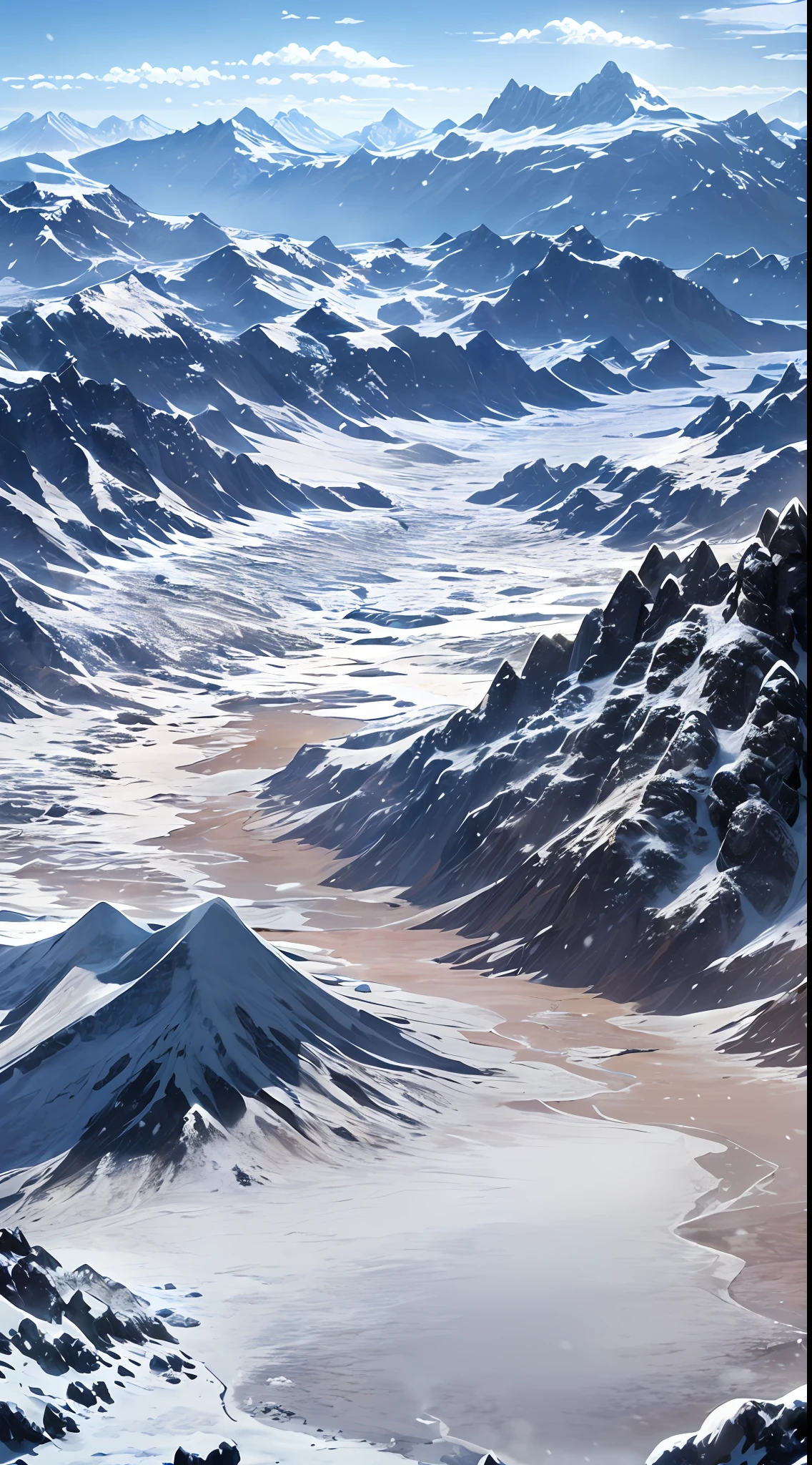 nature scenes, ((snow mountains，Mountain peaks penetrate the clouds:1.4)), snowy mountain landscape, (Blizzard:1.2), (Snow Dance sideways),