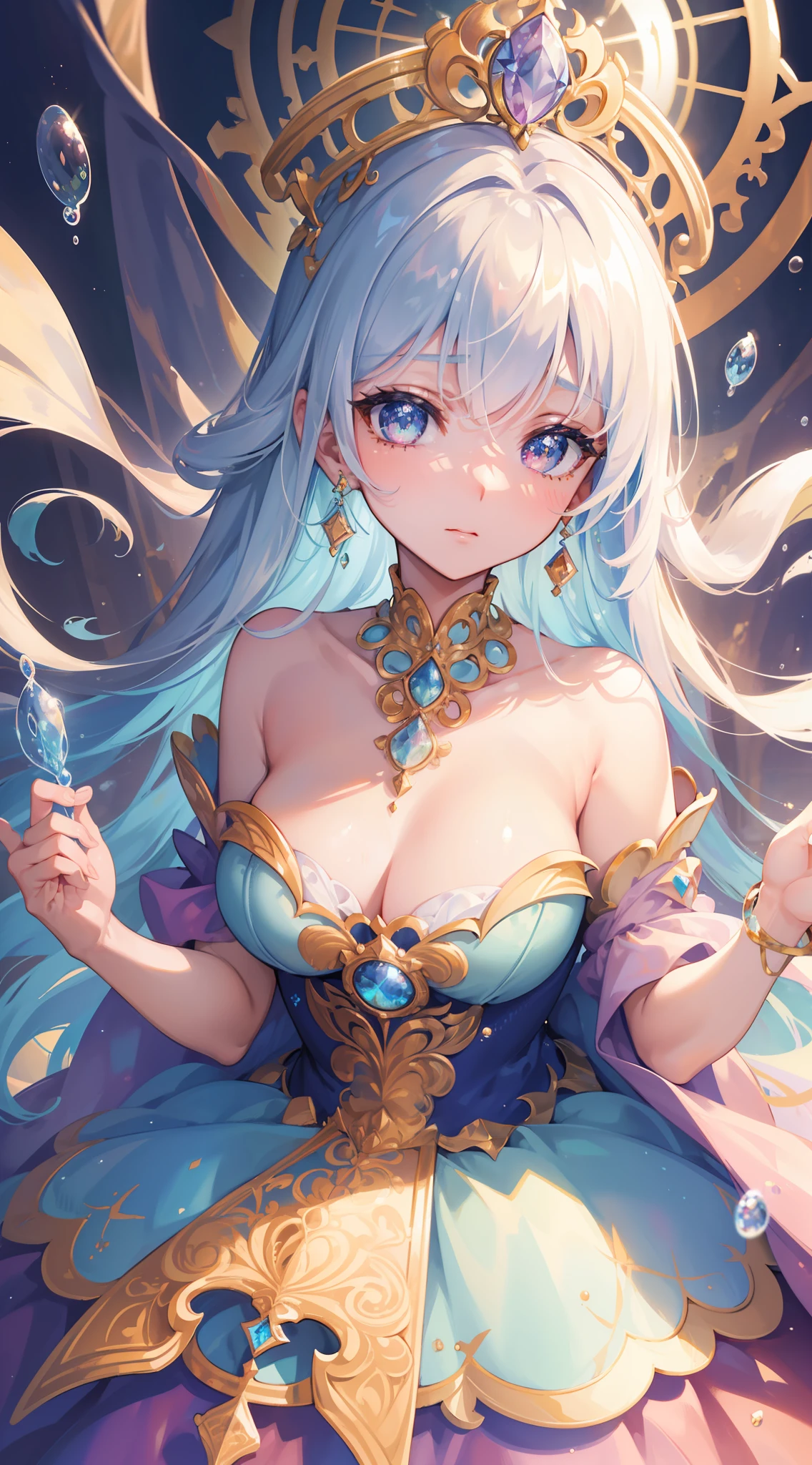 masterpiece, best quality, 8k resolution, sharp focus, intricate detail, beautiful girl, sparkling eyes, golden ratio face, otherworldly liquid, watercolor, pastel colors, bright colors, whimsical, colorful, sharp focus, high resolution, fine detail, princess fantasy ballgown, ((round eyes)), iridescent bubbles