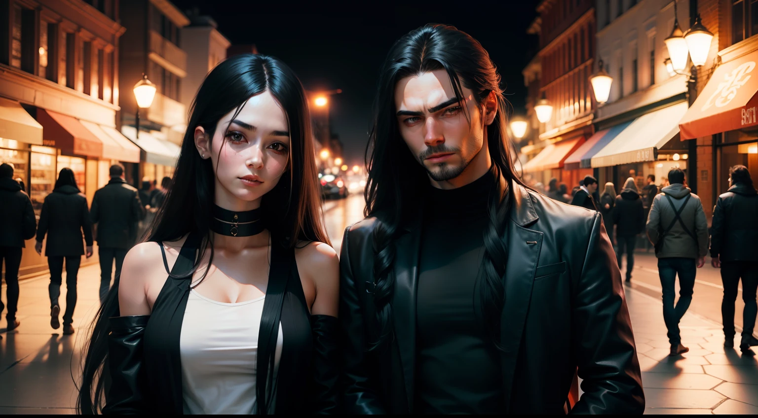 two guys,A man with long black hair,A woman with long black hair,Leaning together,looking to the camera,Indifferent eyes,Ambient night