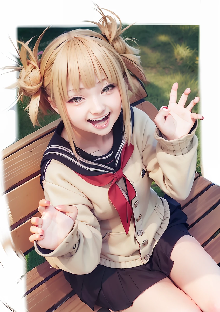 a girl, himiko toga form anime my hero academia, double buns hairstyle, full body, realistic, ultra detail, 70mm lens, clawing pose, smile with open mouth, sitting on a park bench