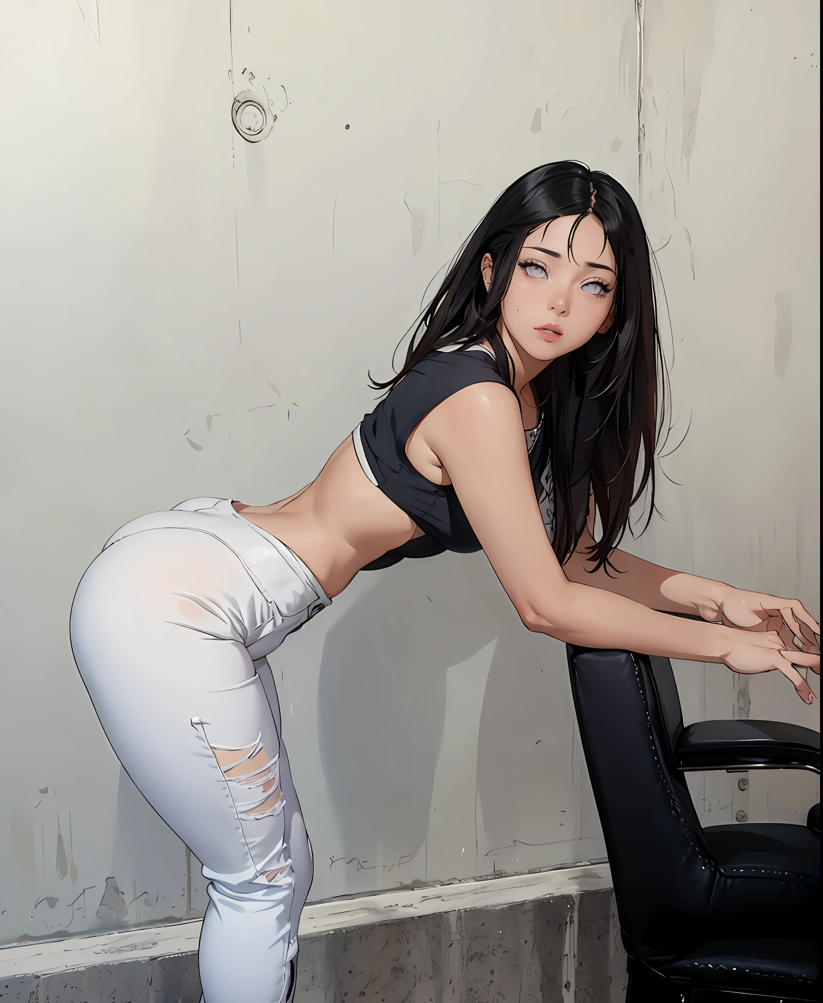 Hinata Hyuga in white pants propped up on a chair, roupa apertada, 18 anos, traje apertado, bunda grande, pernas grossas, pose sexy, pose atraente, Pose casual, pose lateral, jeans preto extremamente apertado, pose muito sexy, bonita, sentado em uma mesa, usando roupas simples e apertadas, 2 Modelo feminina de 4 anos, Garota brasileira, leggings brancas, Asian women