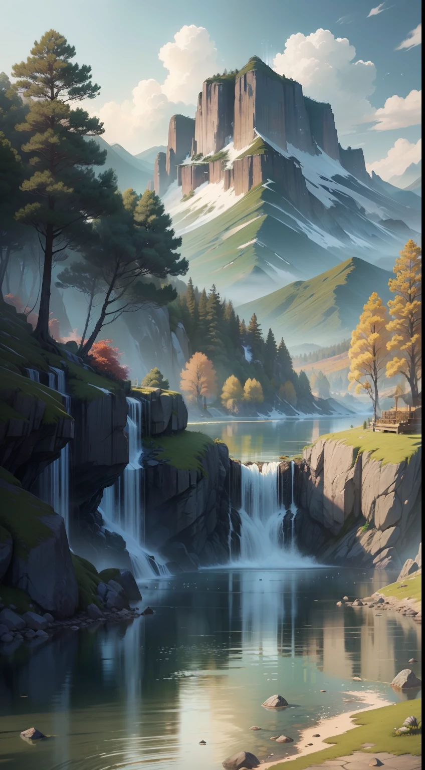 Wallpapers,scenecy,Far Mountain,Eau,Traditional Gangnam,idyllic scenery,(Very detailed CG unity 8K wallpaper),most beautiful artwork in the world,iintricate,high detal,sharp fokus,dramatics,Realistic painting art