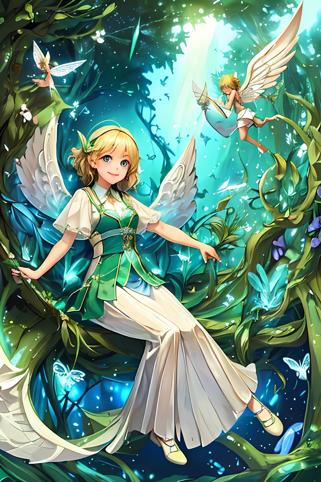 Welcome to the unknown、An angel will guide you、kindly smile、Beautiful girl with a sense of transparency、beautiful fairies、Large transparent blade、are flying、Leprechaun、It is located in the forest、Laugh