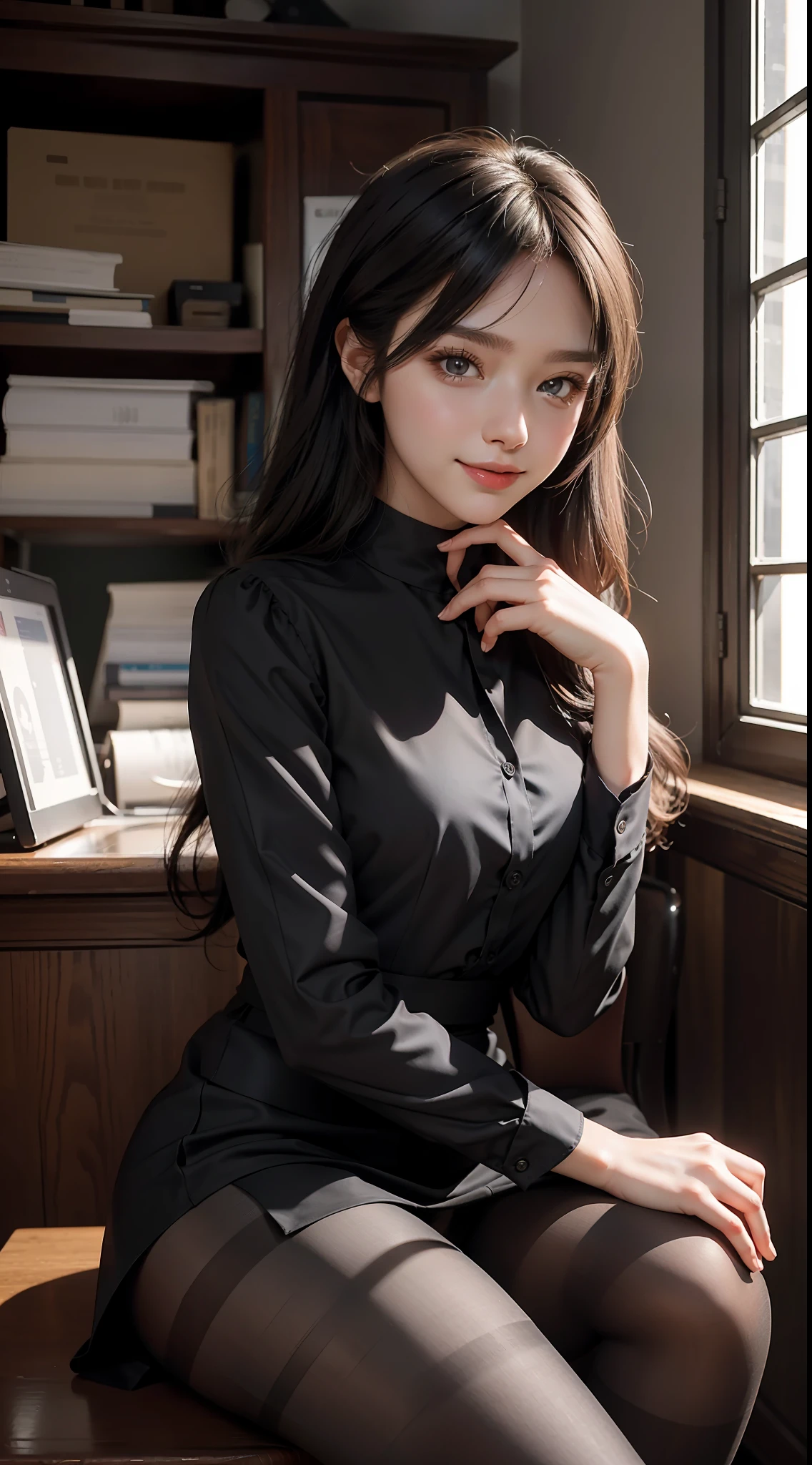 Best Quality, Full Body Portrait, Cinematic Texture Shots, Delicate Face, Beautiful Face, 20 Year Old Woman, Smiling, Slim Figure, Small Bust, OL Uniform, Office Wear, (Black Pantyhose), (No Panties), Interior Scene, Office, Seated