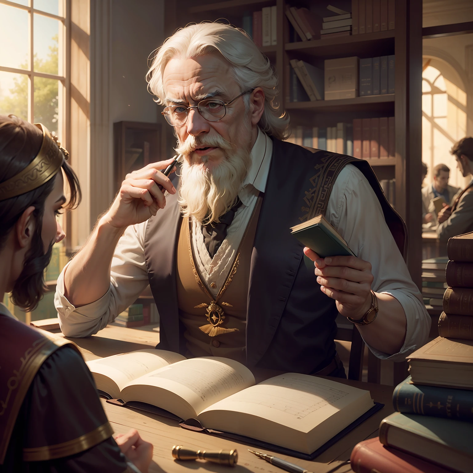 The Greek philosopher Archimedes teaching mathematics in ancient Greece with a book in a library, Realismo, Cinematic lighting, DarkGoldenRod
