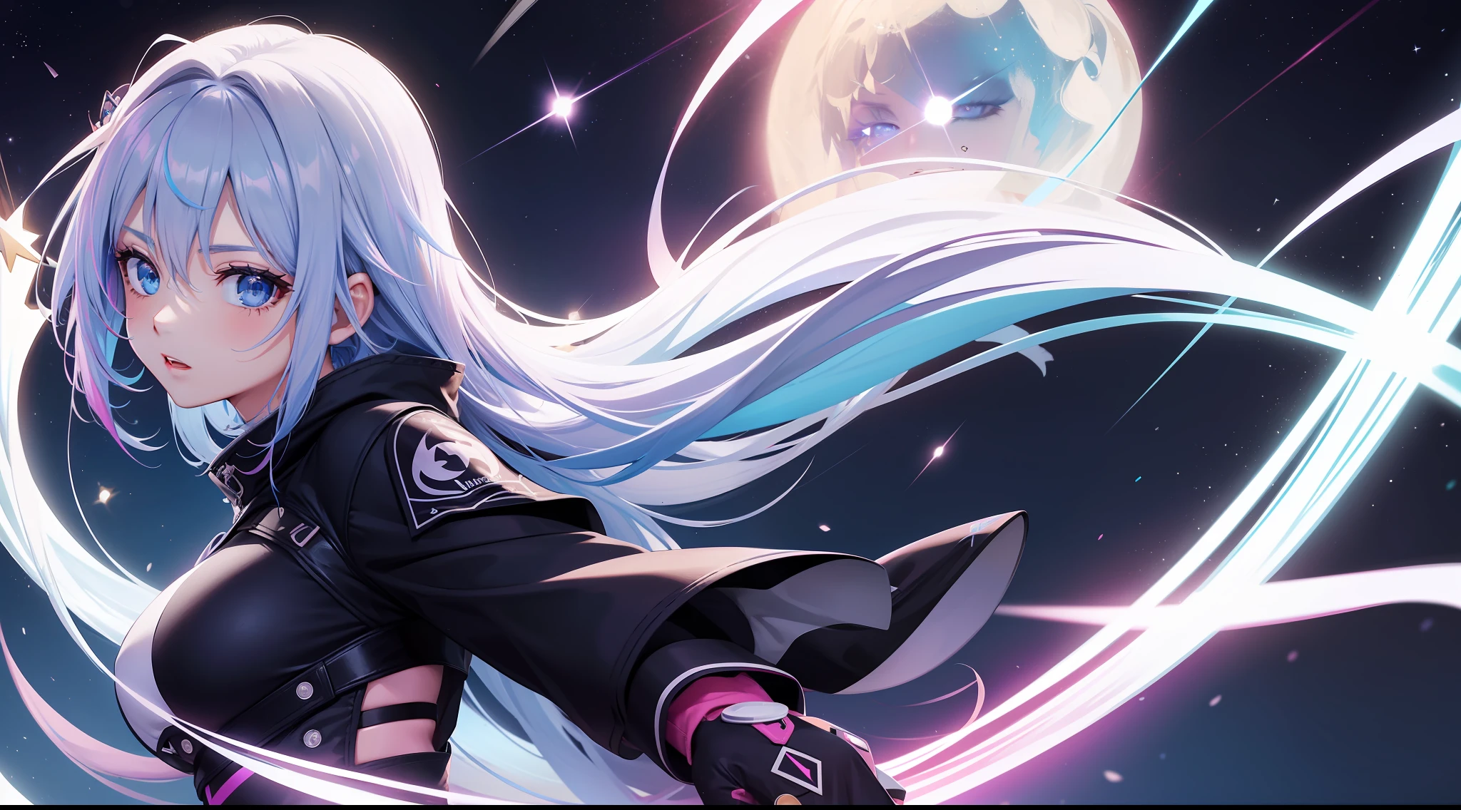Mulher ninja com fone de ouvido sentido paz, olhos brilhantes com estrela, rosto bonito, cores RGB, cabelo rosa brilhante, colorido anime, fundo brilhante, Banner for youtube video, feliz, nuvens com cores RGB, cores RGB brilhantes, completo, ser celestial, garota gamer.