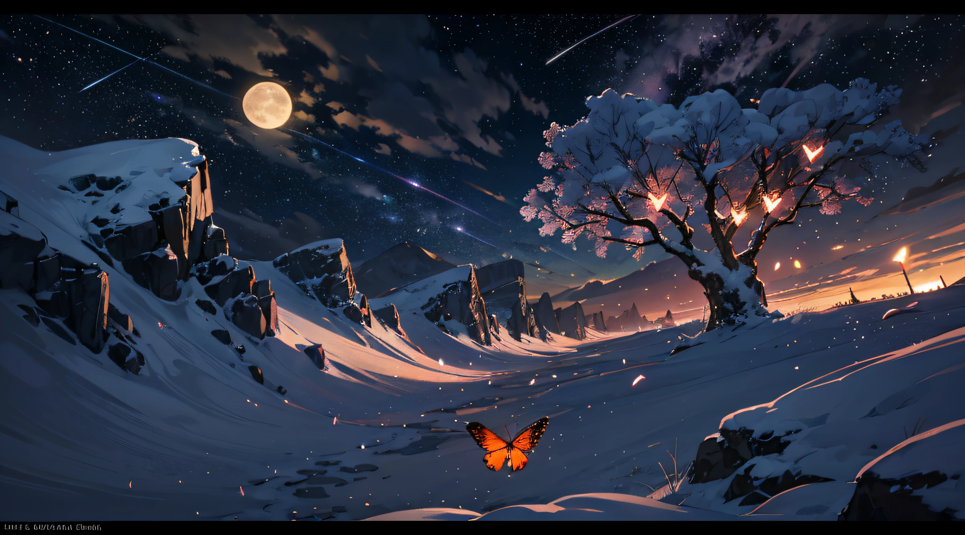 Expansive landscape photograph，（moon full：1.2），（meteors：0.9），（Starcloud：1.3），Far Mountain, Tree BREAK making art，（Warm light source：1.2），（glowworm：1.2），lamp lights，Lots of purple and orange，Complicated details，Volumetriclighting，Realism BREAK（tmasterpiece：1.2），（best qualtiy），4K，Ultra-detailed，（dynamic compositions：1.4），The is very detailed，Colorful details，（Irridescent color：1.2），（luminouslighting，Atmospheric lighting），dream magical，magical，（独奏：1.2），（（best qualtiy））， （（tmasterpiece））， （the detail：1.4），depth of fields，maximum definition and sharpness，perfectly proportions，Fluttering clouds，Wallpapers
