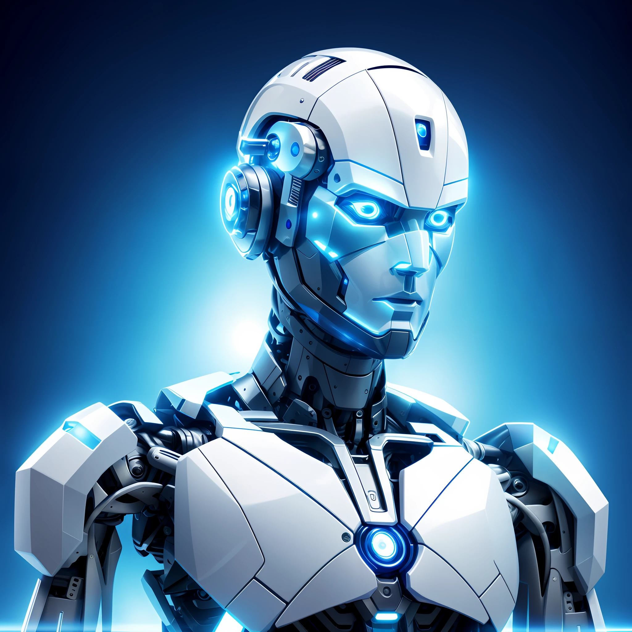 A closeup of a robot with blue eyes and a white body, portrait of a futuristic robot, humanoid robot close up, robot with human face, futuristic robot, white robot, cyborg robot, friendly humanoid cyber robot, humanoide detalhado, Retrato do humanoide masculino, cyborg robot wearing vr headset, robot cyborg, strong artificial intelligence, futuristic robot body, Ciborgue Macho