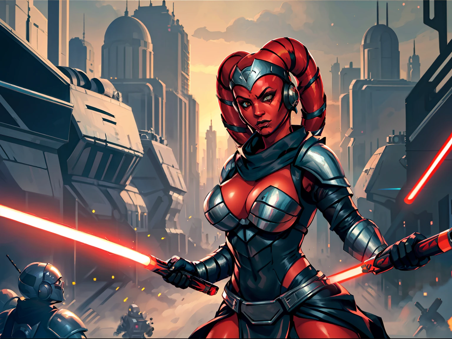 Gorgeous big tits Twi'lek gladiatrix woman in an action scene, (((fighting, swordfight, dual red lightsabers))), dynamic action, masterpiece, best quality, high-definition, armor, busty, ((red skin), twi'lek), dual red lightsabers, evil space knight, space ninja, space gladiatrix, (wearing black armor, black stealth armor, breastplate, tunic, tabard, cowl, cloak, bodysuit, black spandex, straps, buckles, skirts, long sleeves, ((armor))), ((busty), slender body, thin, slim, Imperial starship, Star Wars, futuristic city, warzone, soldiers in black armor
