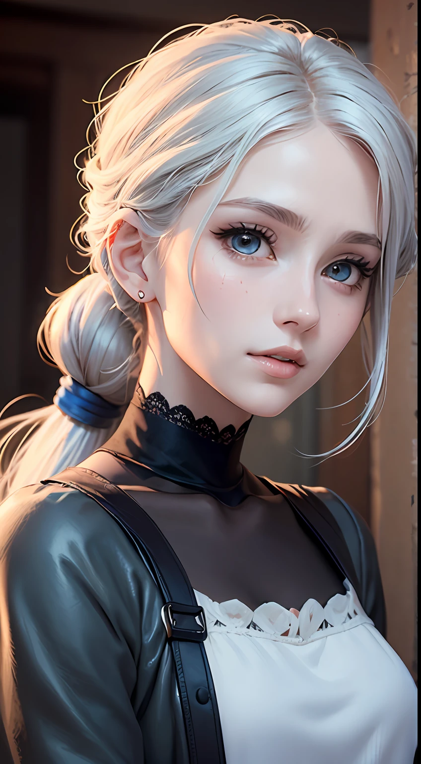 anime styled、One Person１８Beautiful woman of age、Moisturizing and beautiful eyes、 (Casual clothing)ciri、a picture、androgynous hunnuman、oval jaw、Delicate features、Beautiful expression、beautiful hair of black color、Long bangs、long pony tail、Blue eyes with a beautiful glow、LDS Art