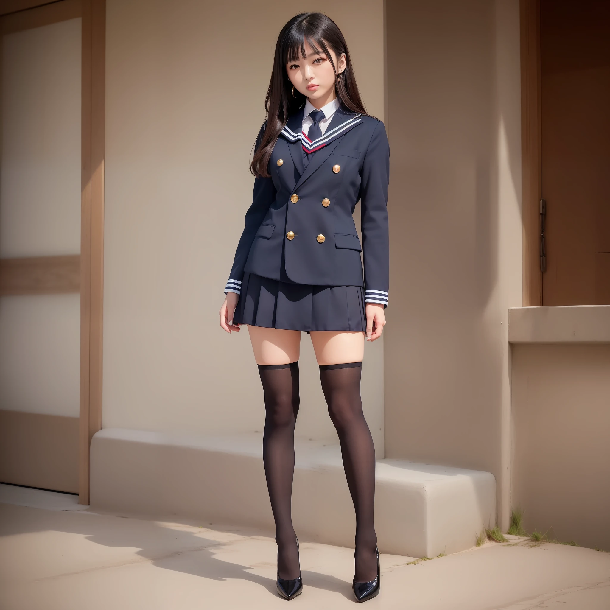 ((top-quality、in 8K、​masterpiece、Photorealsitic:1.3))、((physically-based renderingt、Emphasis on balance、the golden ratio))、1girl in、adult lady、adult-like、lady、Chilarism、Shy smile、FULL BODYSHOT、Slightly slimmer face、Pretty women、A Japanese Lady、二重まぶた、long lashes、Smaller face、E-cup、long legged、beauty legs、((Sailor Suit or Blazer Uniform))、(Stockings or knee-high stockings or raw legs)、Knee-length skirt、high-heels、piercings、A bracelet、a necklace、Standing、