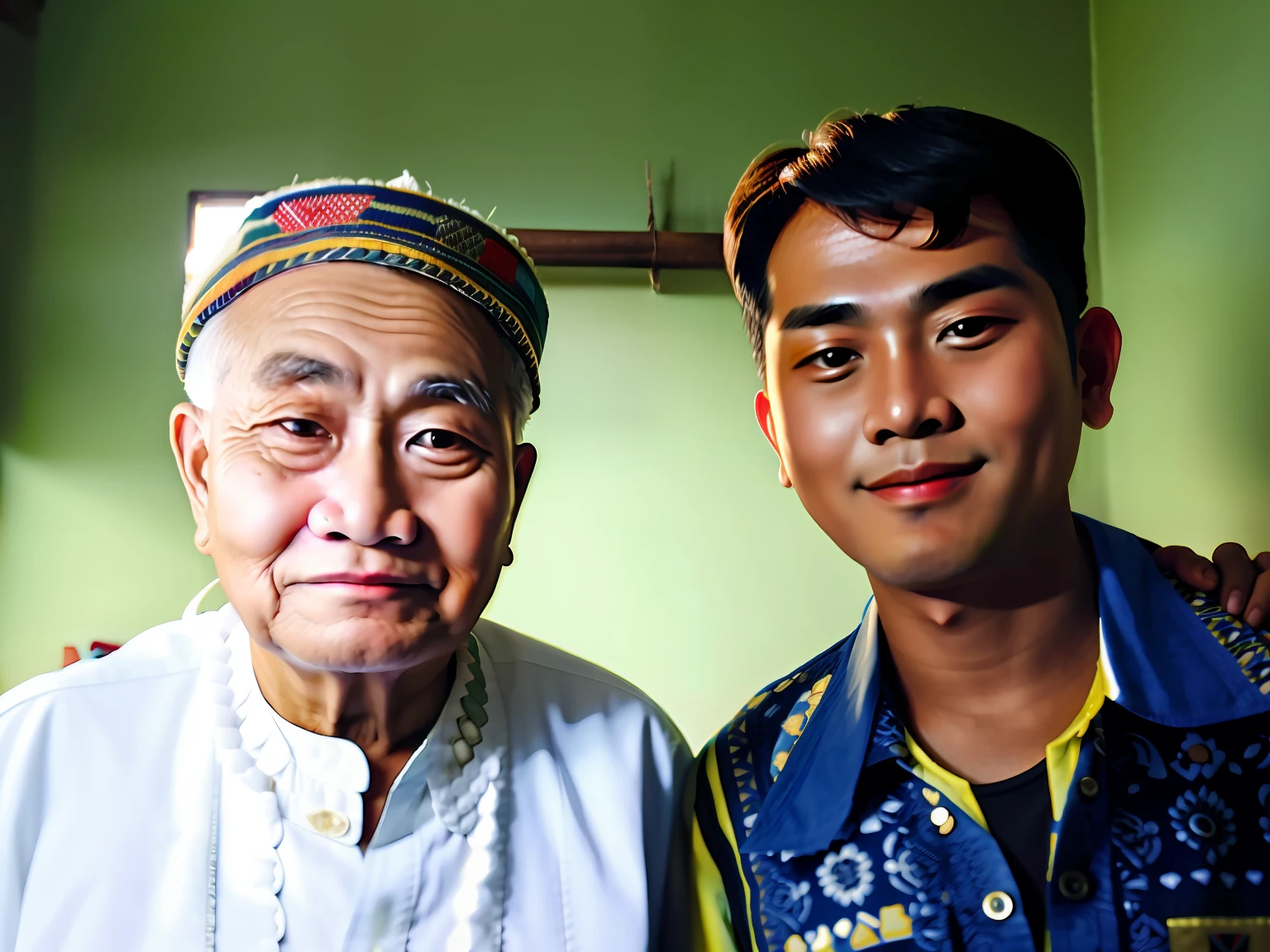they are two men standing next to each other in a room, he is about 8 0 years old, potrait, old and young, barong family member, old man, inspired by I Ketut Soki, ramil sunga, lokah samastah sukhino bhavantu, full protrait, by Basuki Abdullah
