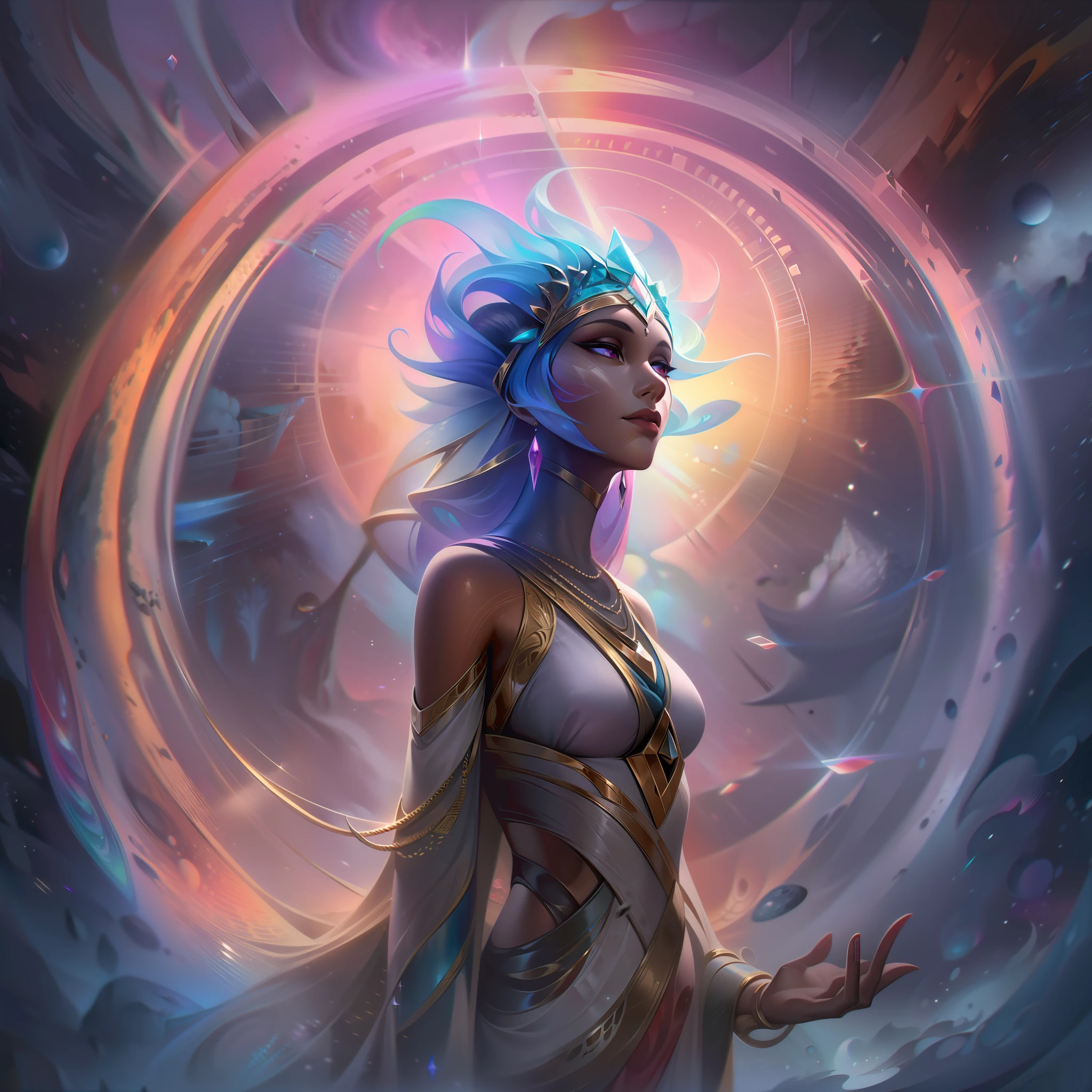 The base splash art of "Hinnah, the Aliena-Essokinetic" is an awe-inspiring and otherworldly sight. Hinnah, a powerful being with Aliena-Essokinesis powers, takes center stage, exuding an aura of enigmatic energy.
In the artwork, Hinnah stands tall and majestic, radiating a mesmerizing aura of swirling, alien-like energies. Her presence commands attention, and her expression is calm yet imbued with an air of ancient wisdom.
Hinnah's Aliena-Essokinesis powers are evident as she manipulates and controls extraterrestrial energies around her. These alien energies take the form of vibrant and luminescent tendrils, showcasing her mastery over this unique and cosmic force.
The background complements Hinnah's powers, depicting an otherworldly landscape with distant planets and celestial phenomena. The scene transports viewers to an unknown realm, emphasizing Hinnah's connection to the alien energies she harnesses.
The color palette is a breathtaking blend of iridescent and cosmic shades, creating a sense of wonder and mystique. The artwork exudes an ethereal and surreal atmosphere, capturing the essence of Hinnah's Aliena-Essokinesis powers and her celestial presence.